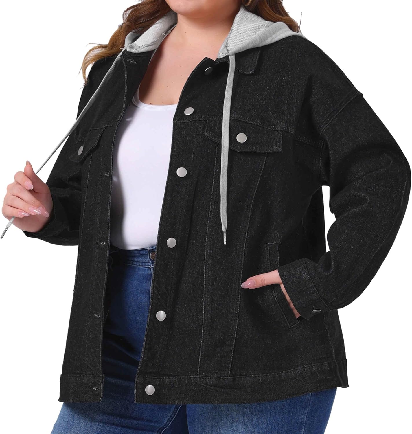 Agnes Orinda Women's Plus Size Denim Jacket with Detachable Hood Oversized Jean Shacket Jackets with Pockets