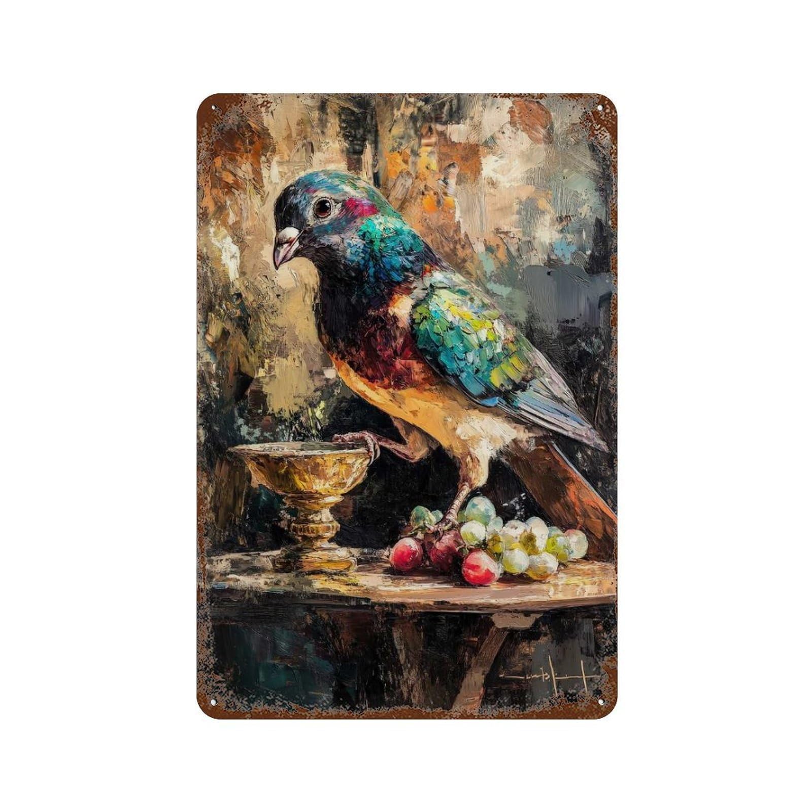Colorful Bird with Grapes Painting Rust Effect Tin Sign 11.8"x7.9", Retro Wall Decor for Pub, Kitchen And Man Cave Decor