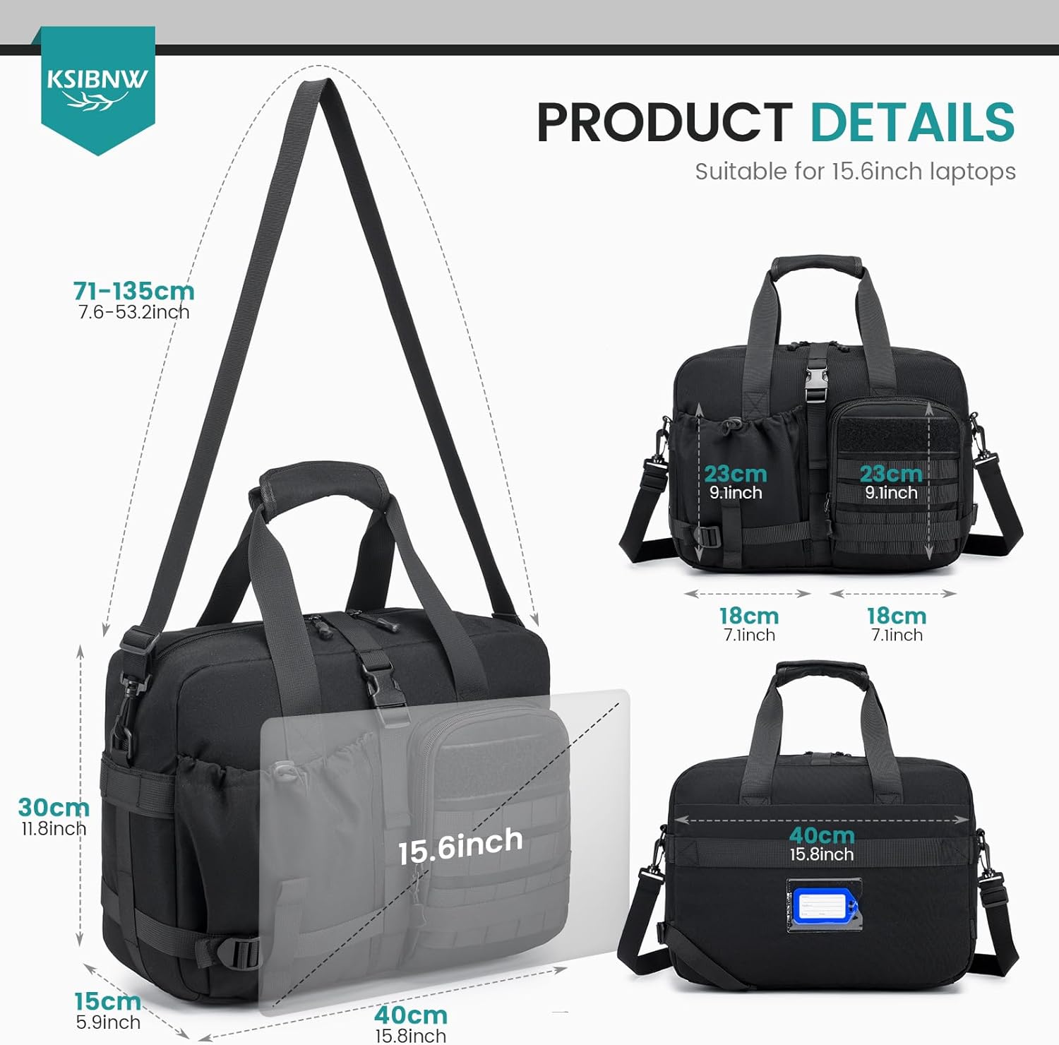 KSIBNW Personal Item Bag 40x30x15cm, Travel Duffle Bag 16x12x6 inch, Tote Carry on Luggage Under Seat for Airplanes Overnight Tactical Messenger Bags 15.6 inch Laptop Bags for Women and Men, Black - Image 5