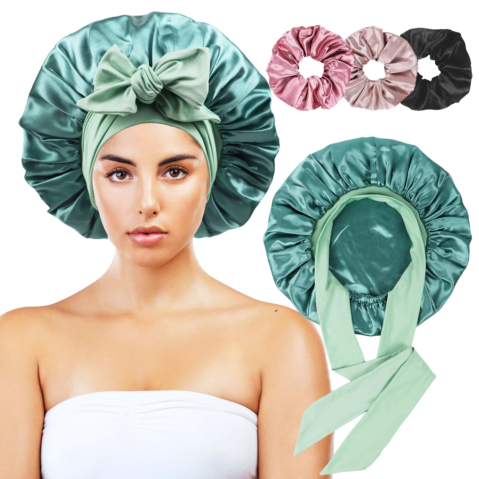 Satin Bonnet for Sleeping Women,Double Layer Hair Bonnet for Sleeping with Tie Band for Curly Hair Braids Long Hair Green