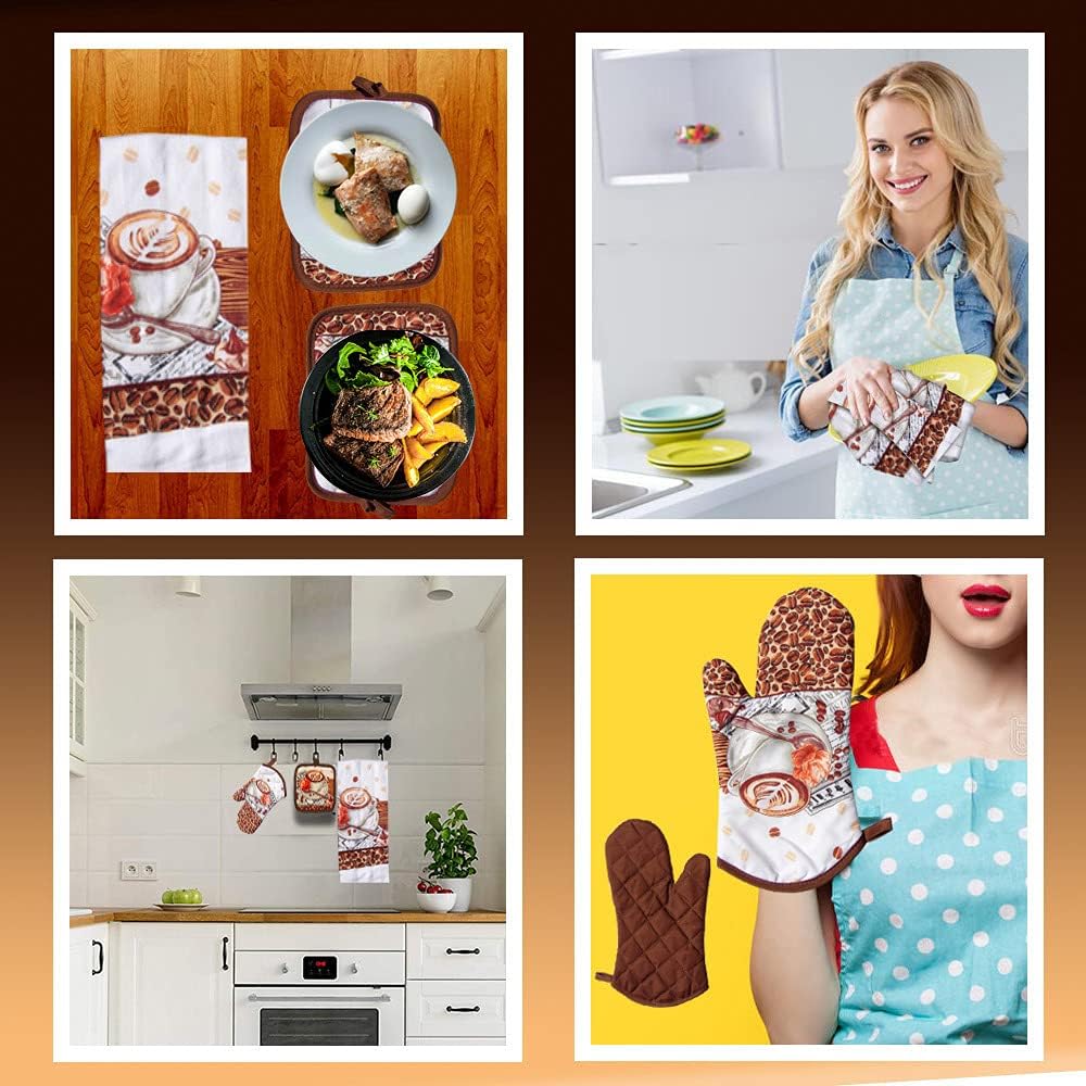 Lobyn Value Packs 4 Pack Kitchen Linens Lightweight Decorative Kitchen Towel Oven Mitt & Potholder (Coffee)