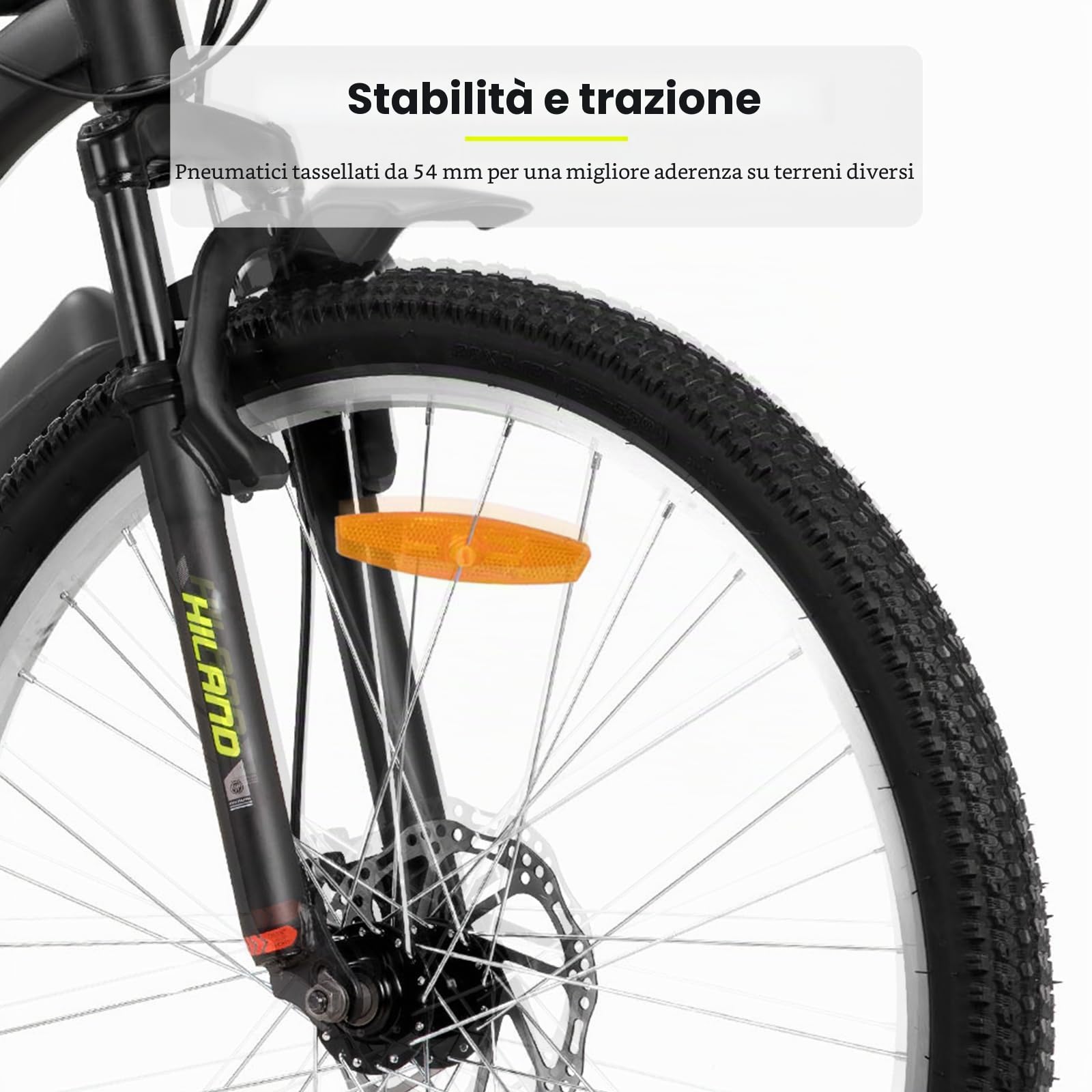 HILAND Mountain Bike 26/27,5”, 18 Velocità, MTB per Uomo e Donna, Freni a Disco Doppi, Forcella Ammortizzata, Bicicletta da Montagna per Adulti, Arancione/Giallo