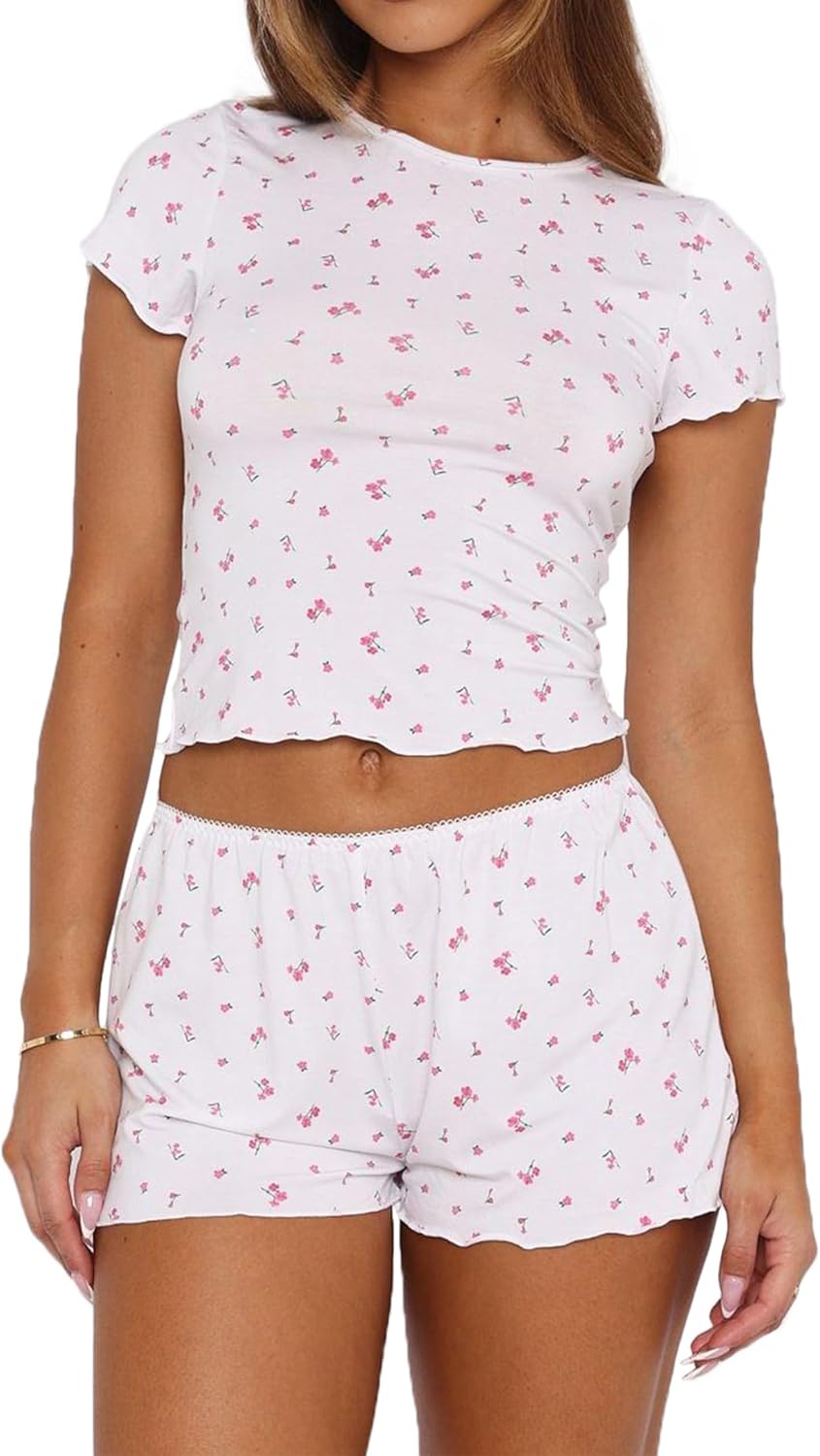 Lacozy Cute Pajamas for Women Set 2 Piece Short Sleeve Pjs Floral Graphic Crop Top Y2K Summer Sleepwear Lounge Set