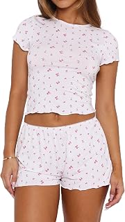 Lacozy Cute Pajamas for Women Set 2 Piece Short Sleeve Pjs Summer Sleepwear | Womens Pajama Sets, Funny Pjs, Floral Graphic, Y2K Crop Top and Shorts, Y2 Pajamas Shorts Set, Soft Lounge Set, Loungewear
