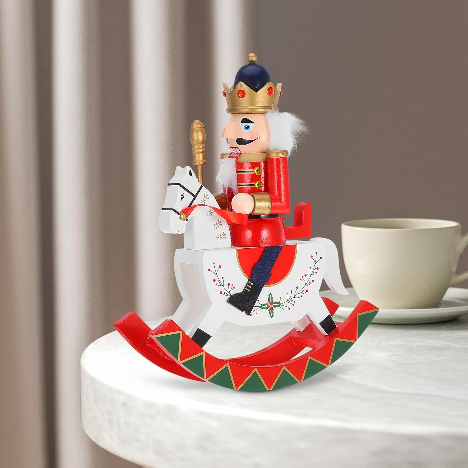 Wooden Nutcracker Rocking Horse Figurine, Red Christmas Nutcracker Shelf Decor, Traditional Soldier Ornament for Festive Tabletop Decoration