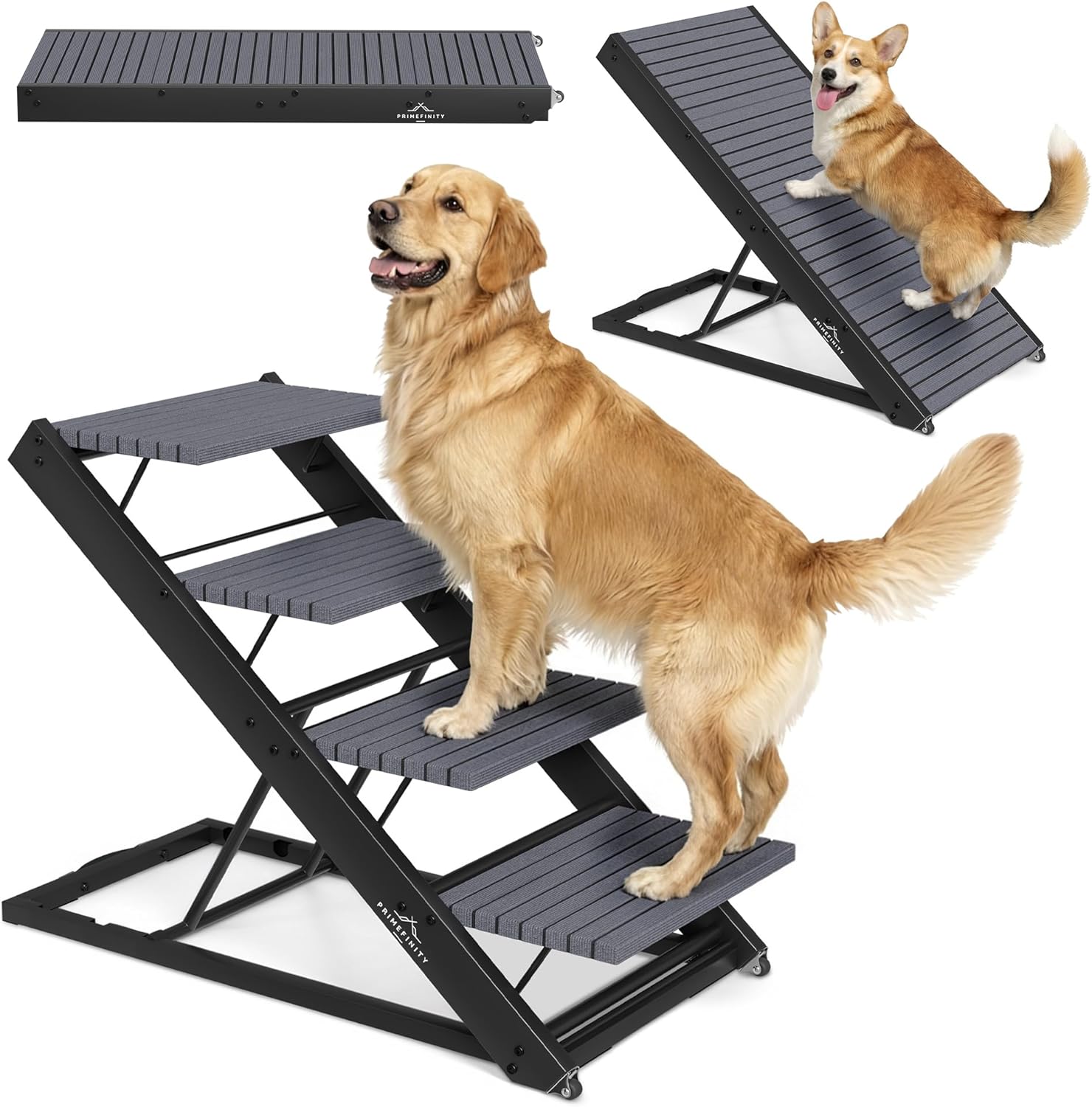 2-in-1 Metal Dog Ramp/Stairs, Dog Ramp for Bed, Couch and Car, Nonslip Carpet, Wheels, up to 250lbs, Outdoor Indoor, (40″ Lx17 W) 19″ to 25″ Adjustable Height, for Small Medium Large Pets