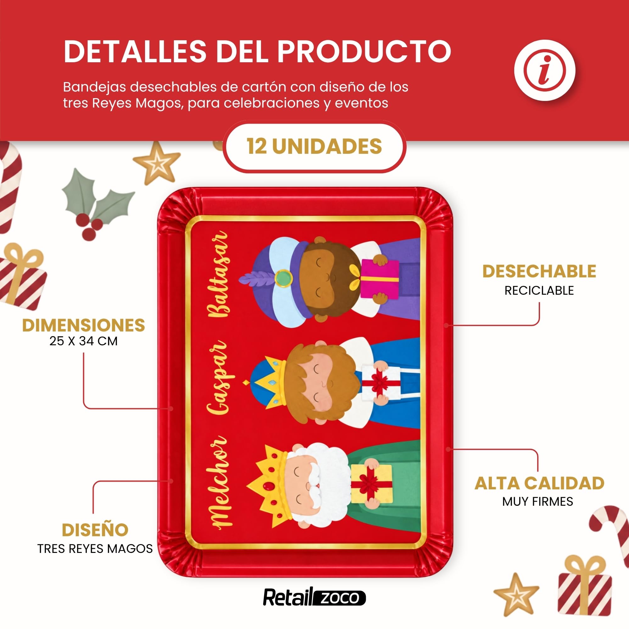 Bandejas de Cartón para Servir, Diseño Reyes Magos Rojo, 12 Unidades - imagen 2