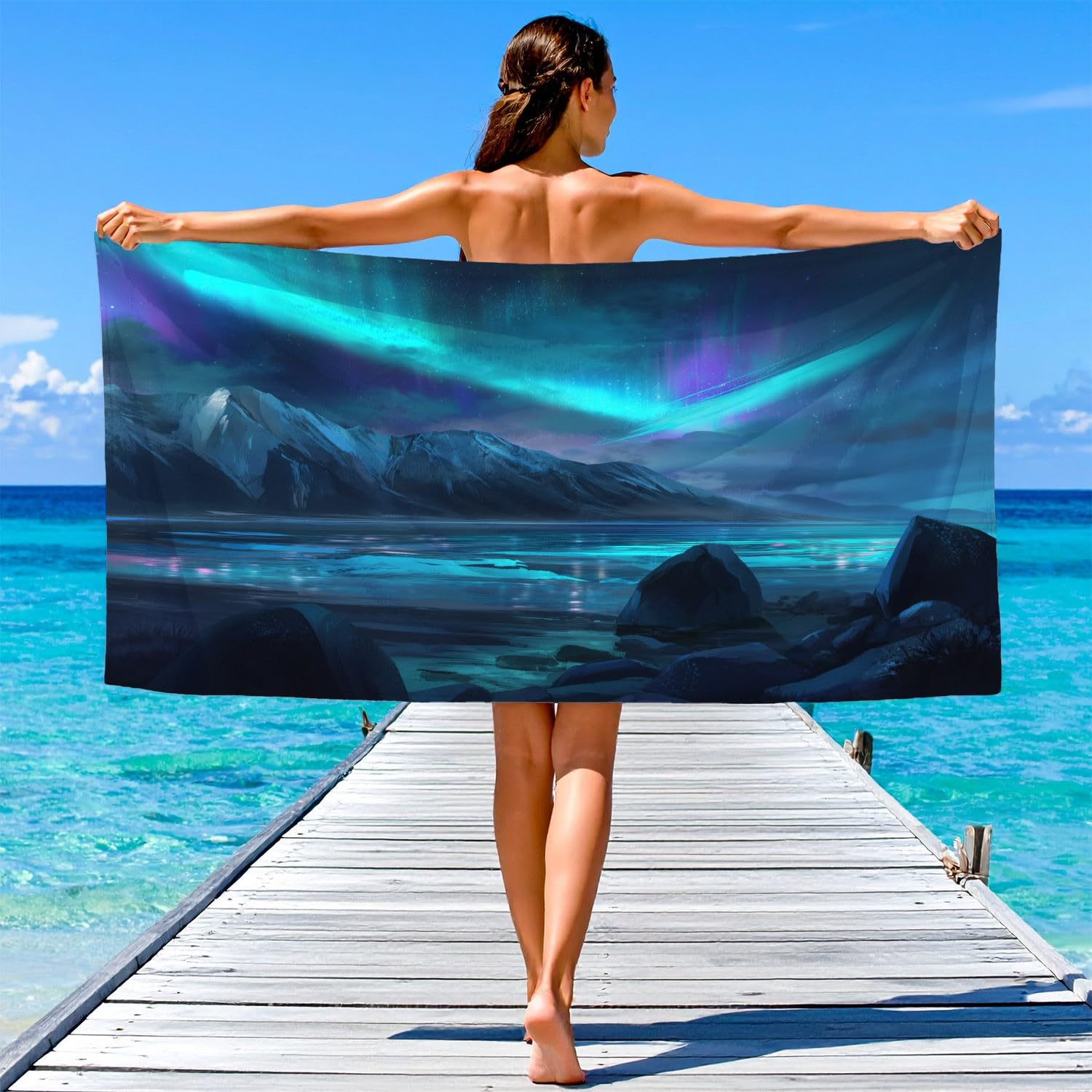 Asciugamano da spiaggia in microfibra Dreamy Ethereal, telo da spiaggia elegante natura paesaggio, cielo notturno, aurora, ghiaccio, asciugatura rapida, anti sabbia e leggero, asciugamano da bagno