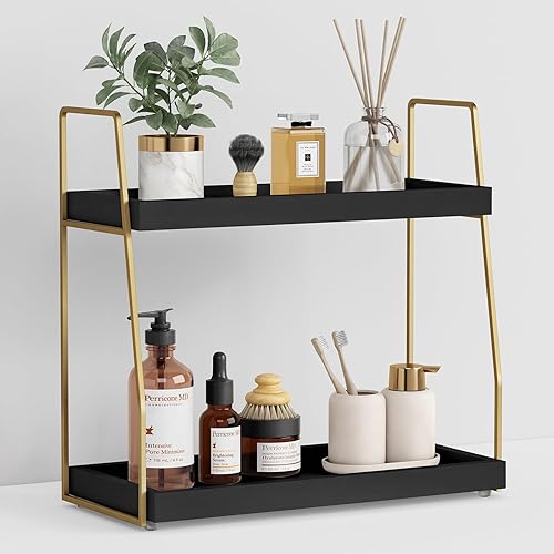Forbena Organizador de Encimera de Baño Negro y Dorado, Organizador de Mostrador de 2 Niveles para Decoración de Baño, Organizadores Modernos de