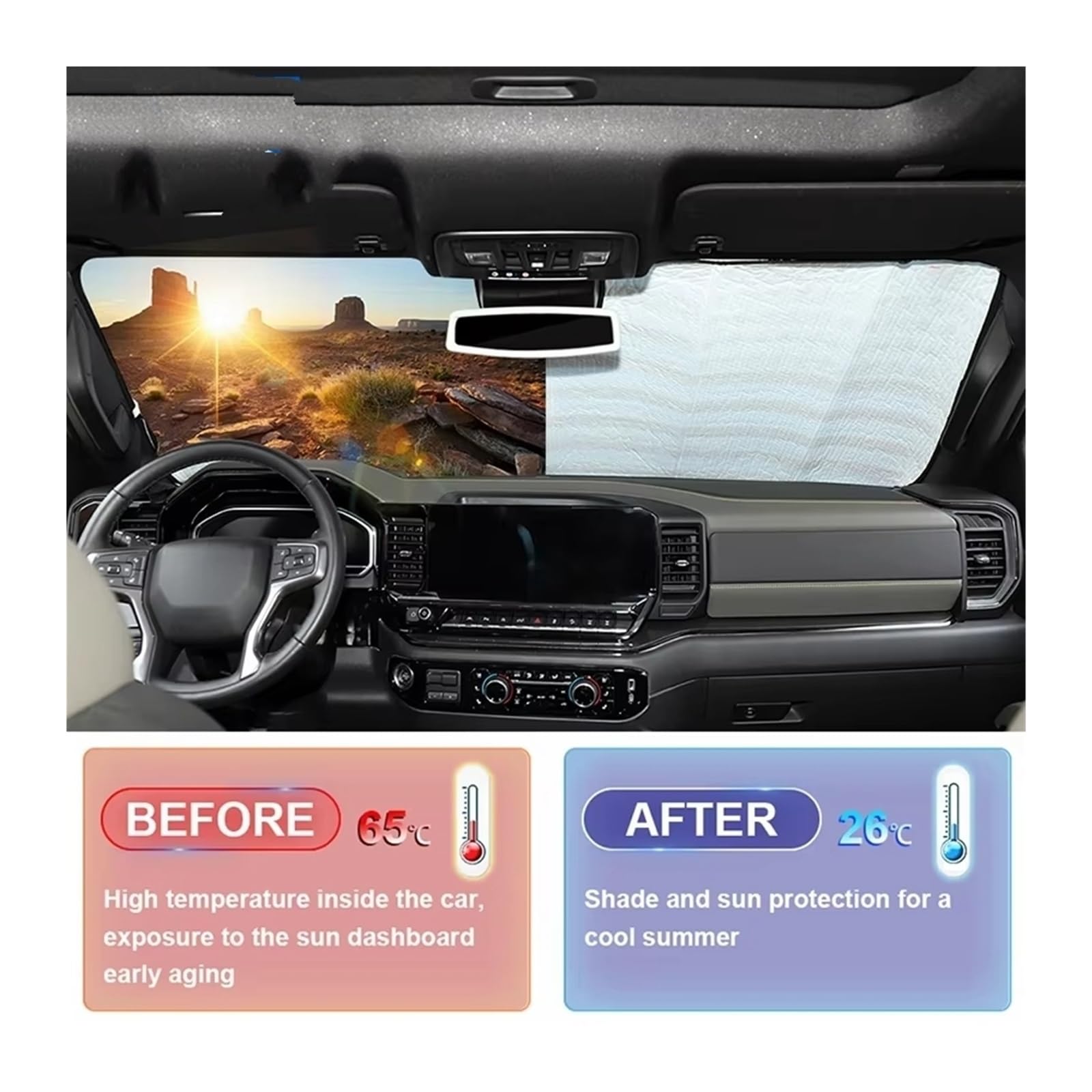Sonnenschutz Auto Frontscheibe Für Chevy Für Silverado 2019-2025 Auto Frontscheibe Visier Sonnenschutz Abdeckung Anti UV Sonne Schutz Abdeckungen(C)