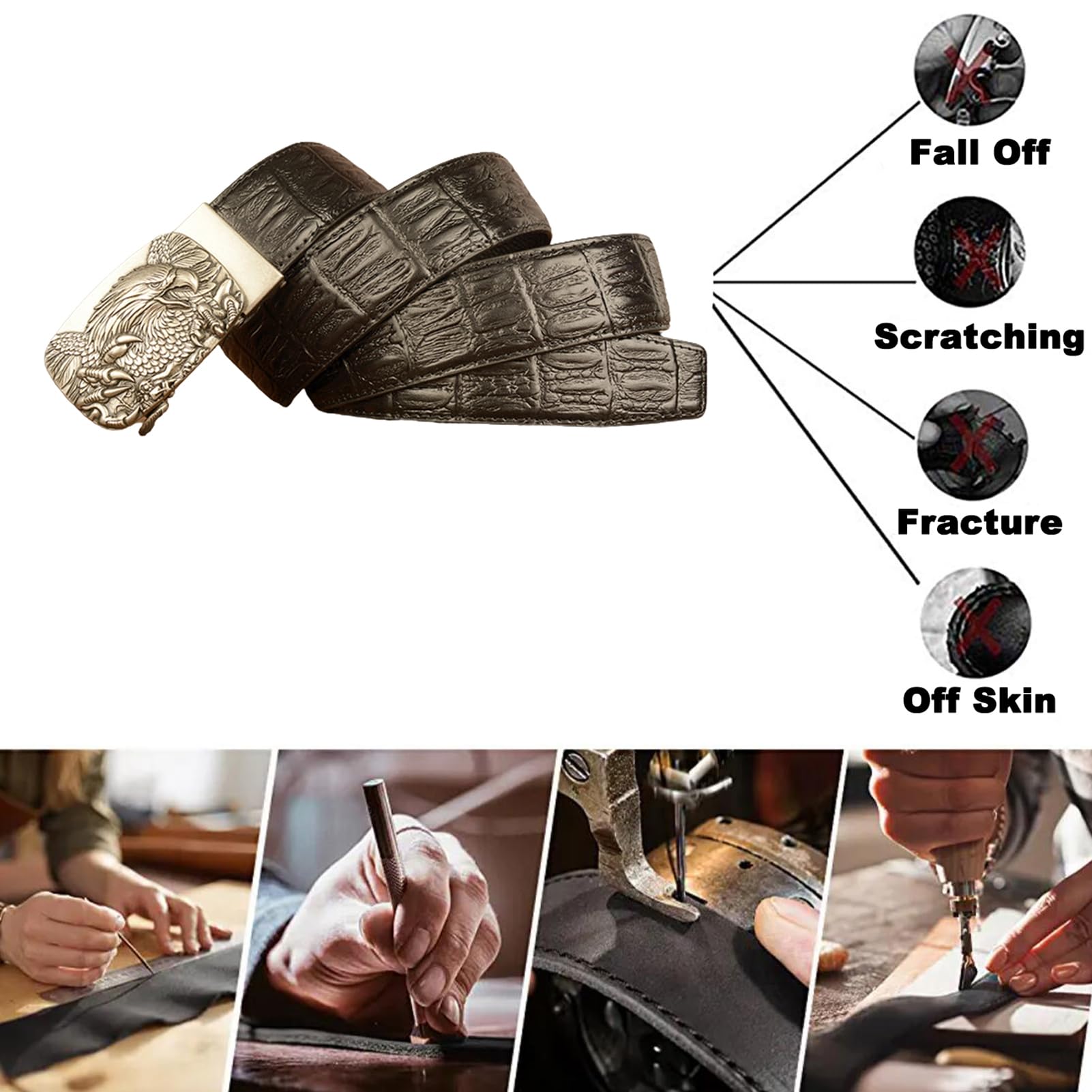 Cinturón De Piel Cocodrilo Con Hebilla Águila Tallada - Deslizante Automática Ajustable, Estilo Occidental, Hecho A Mano