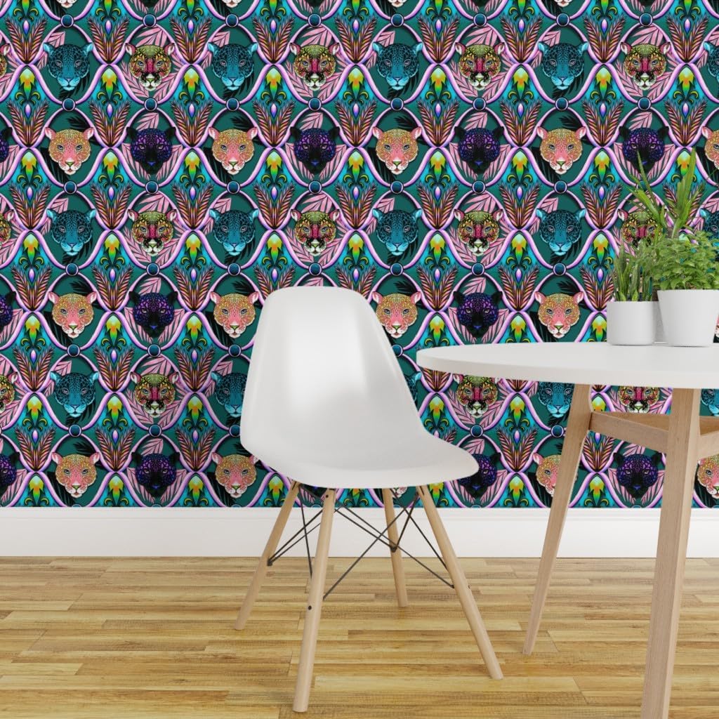 Removable Wallpaper Swatch - Maximalist Neon Ogee Teal Retro Leopards Tropical Jungle Animal Print Custom Pre-Pasted Wallpaper by Spoonflower