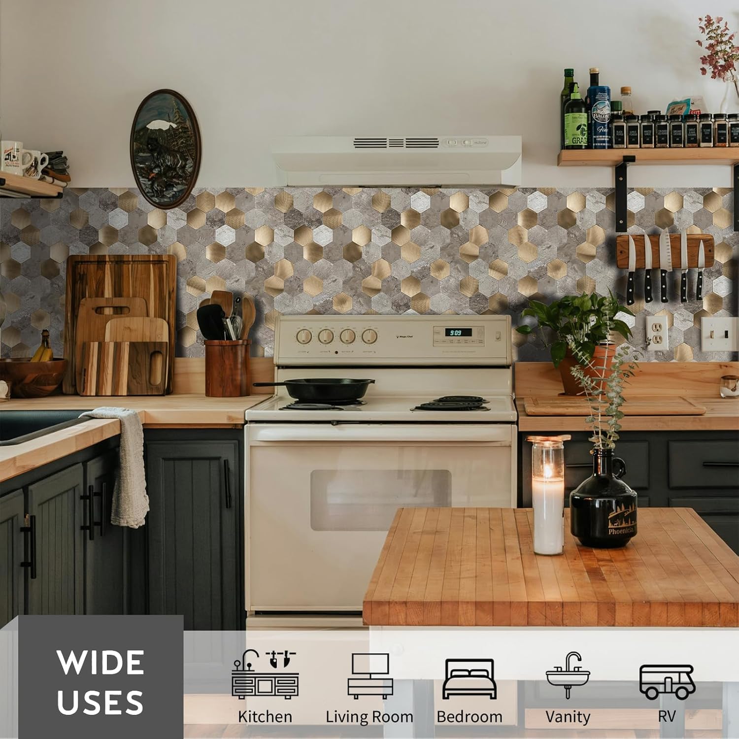 Hexagon Peel and Stick Backsplash, Self Adhesive Honeycomb Beige Taupe Stone Look PVC Mixed Brushed Metal Stick on Mosaic Wall Tiles for Kitchen Bathroom (6 Sheets, 11.3" x 11.5")