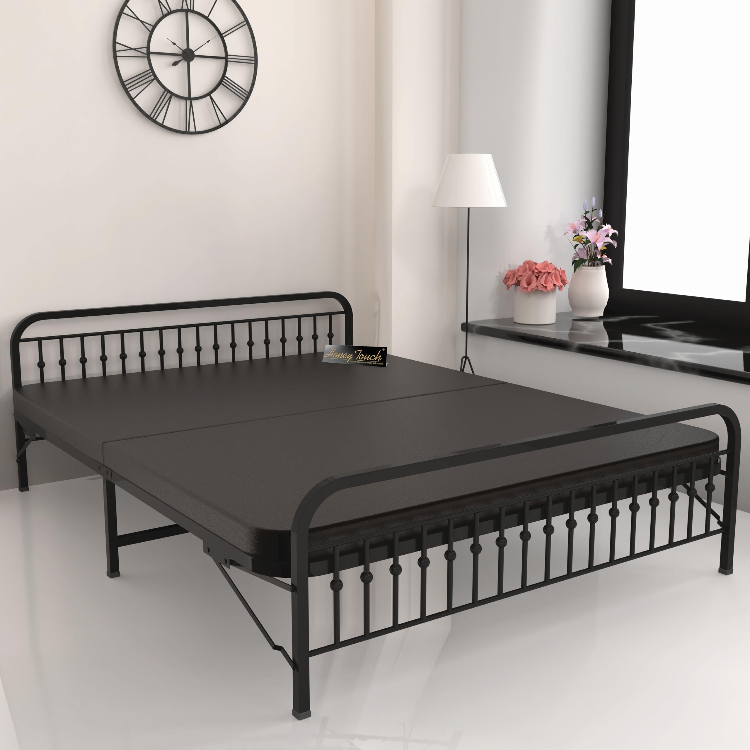 Honey Touch Nova Folding King Size Bed with Mattress | No Assembly Required | Foldable Bed for Sleeping/Guests/Rented Apartments/Bedroom(6x6.25ft, Black)