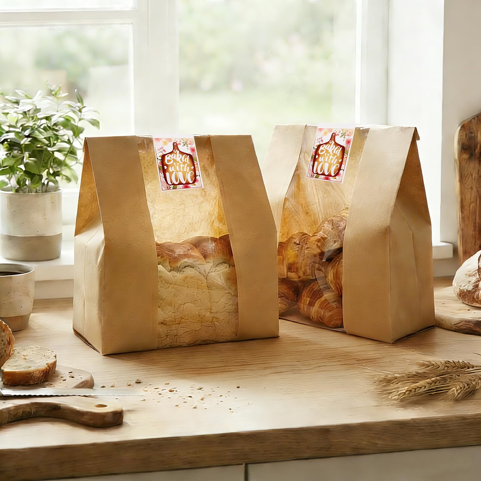 HiCivan Extra Große Papier-Brotbeutel Für Hausgemachtes Brot Mit Fenster Und Aufkleber Übergroßes Sauerteigbrot, Brot, Backwaren, Verpackung Zum Verschenken, Braunes Kraftpapier, 50
