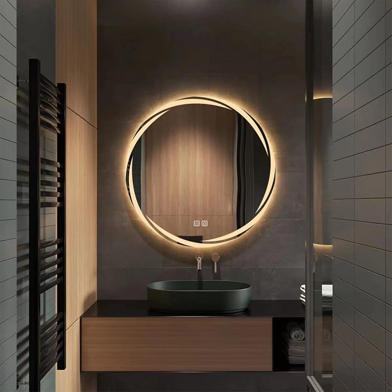YOSHOOT 60 cm Kerek Fürdőszobai Tükör LED Világítással, Páramentesítő Funkcióval, Érintőgombos, Fényerőszabályozható, 3 Színhőmérséklet, IP4