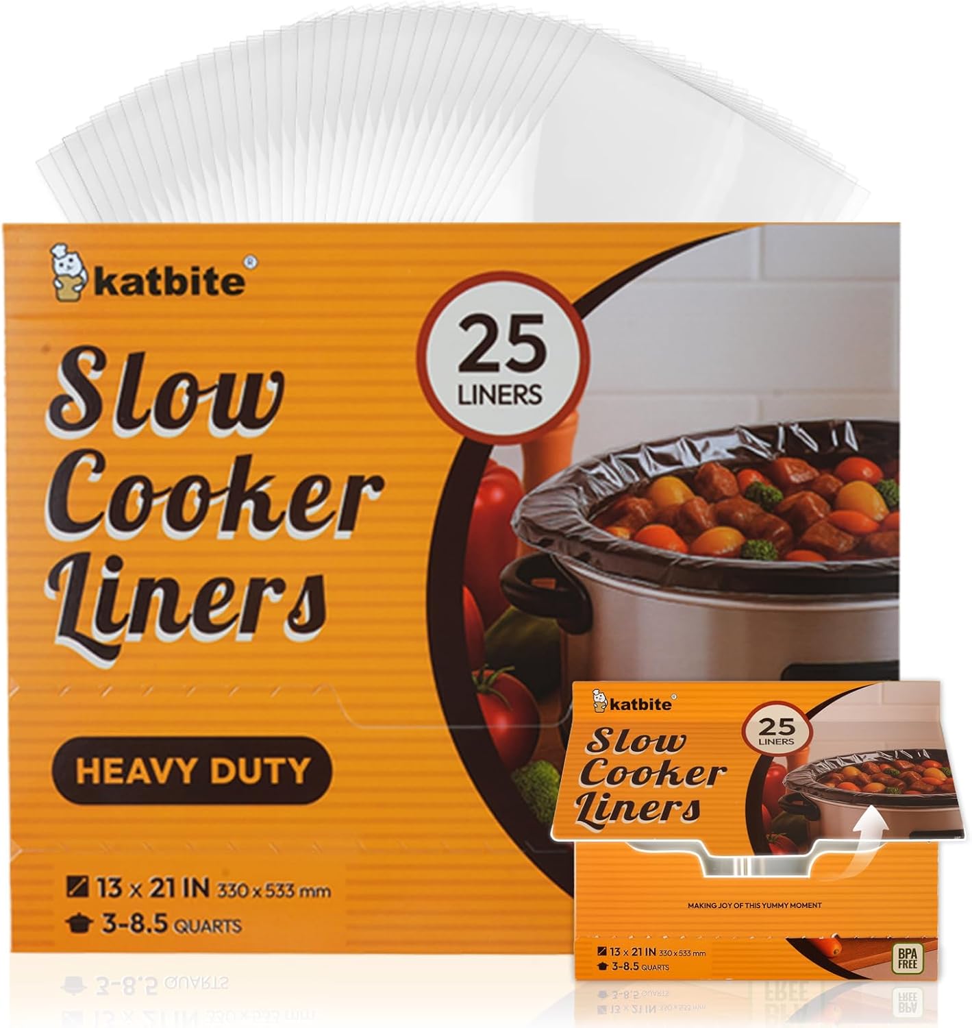 Katbite Crock Pot Liners, Heavy Duty Pop-Up Slow Cooker Liners, 13" X 21" Large Size Disposable Cooking Bags, Regular (Fits 3-8.5 Quarts) Suitable for Oval & Round & Retangular Crock Pot, 25 Count