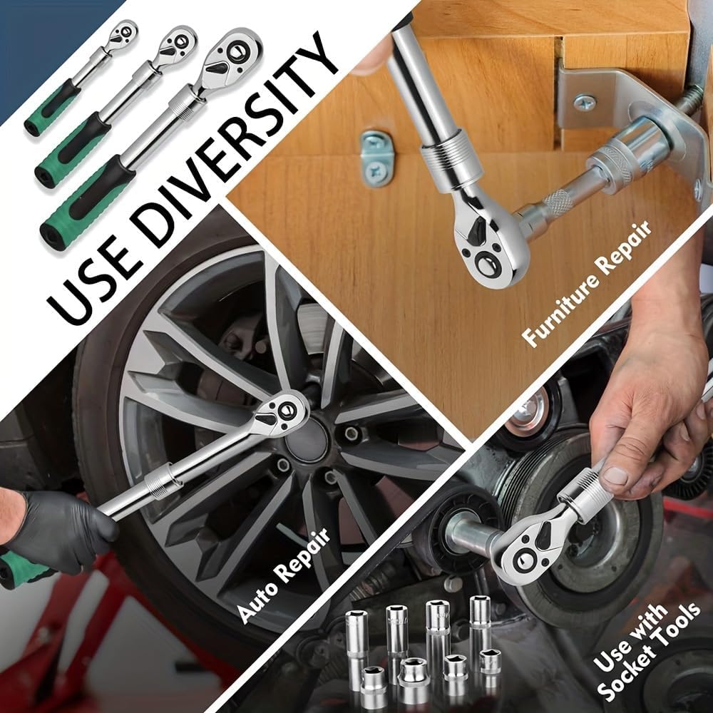 72T Ratchet Wrench Set 3-PC - 1/4" 3/8" 1/2" Drive Quick Release Reversible Socket Wrench with Extendable Handle for Auto Repair & DIY