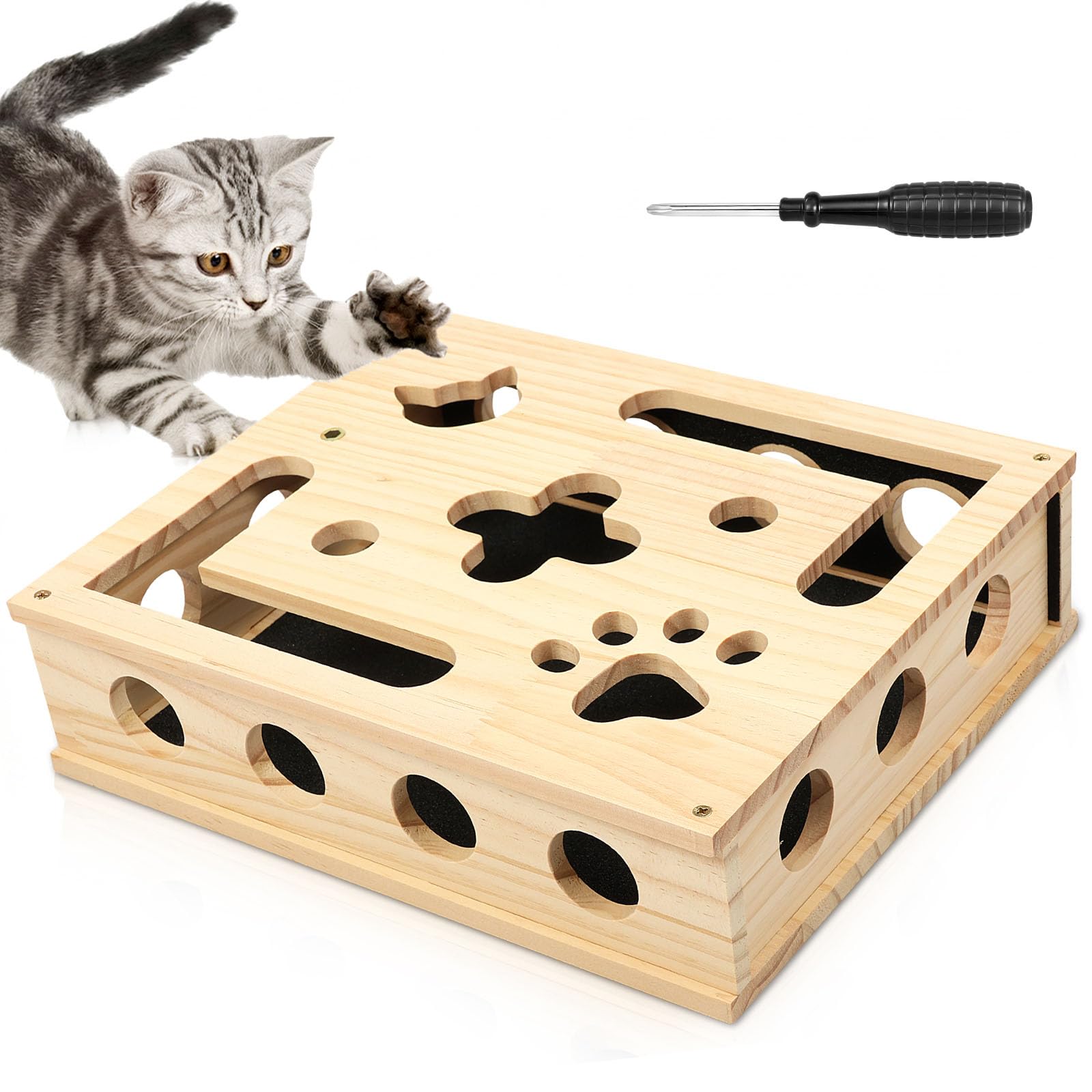 KTCINA Cat Scratch Nail File Box, Wooden Cat Scratch Puzzle Enrichment Box with Sandpaper Inside Cats Nail File Boxes Interactive Puzzle Toy Stress-Free Claw Care for Indoor Pet Scratching