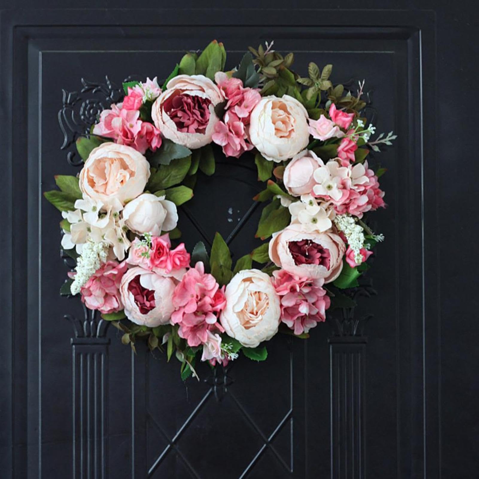 Corona de peonía de flores artificiales, guirnalda de puerta delantera de