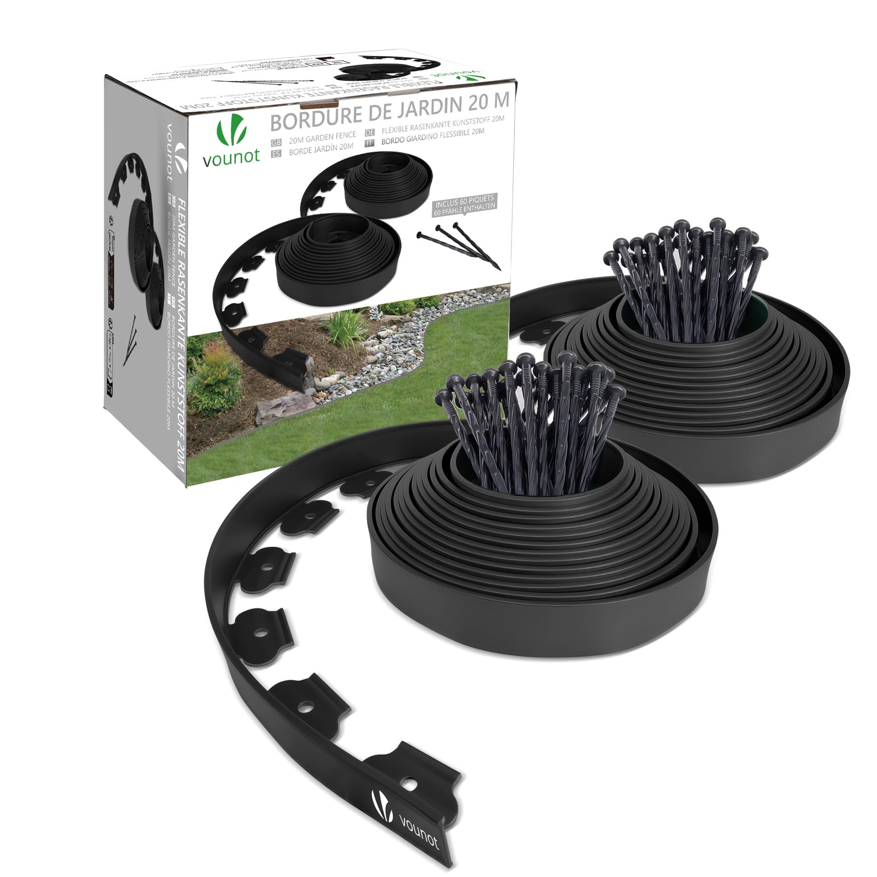VOUNOT® Borde Jardín Césped Borde, Flexible de Plástico PE, Delimitadores de Bordes para Jardín Longitud 20m Altura 5cm Espesor 4mm Bordura Exterior para Tierra Cenefa Parterres con 60 Clavijas, Negro