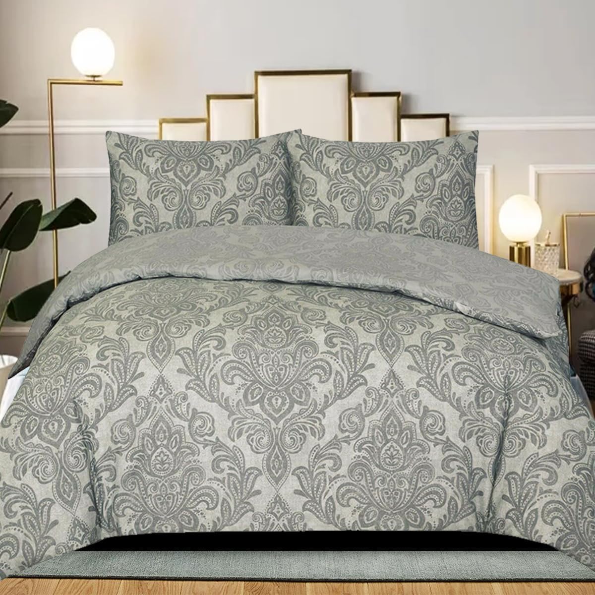 B&B Duvet Cover Set Super King Size, 100% Rich Cotton Comforter Cover Bedding Sets - Soft, Thick Anti-Allergy Printed Quilt Covers with 2 Pillow Shams (Damask Grey)
