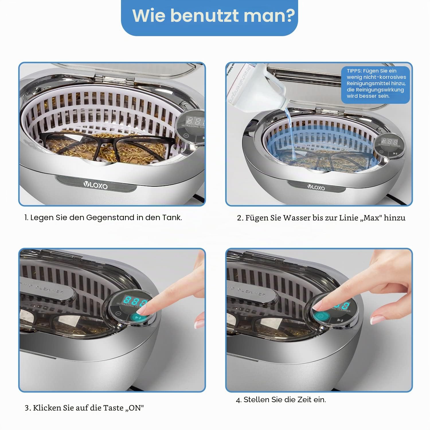 VLOXO Ultraschallreinigungsgerät 700ml Ultraschallgerät Brillenreinigungsgerät mit Digitalanzeige, Touchscreen und 5 Zeiteinstellungen Ultraschallbad für Uhren Schmuck Zahnprothesen Brille Silber