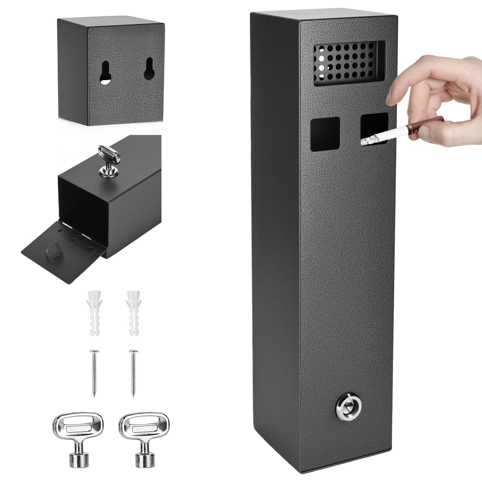 29 x 7 x 7 cm - Posacenere da parete per esterni - Con materiale di montaggio - Chiave - Resistente agli agenti atmosferici - Per giardino, ufficio, hotel, ristorante, strada - Nero