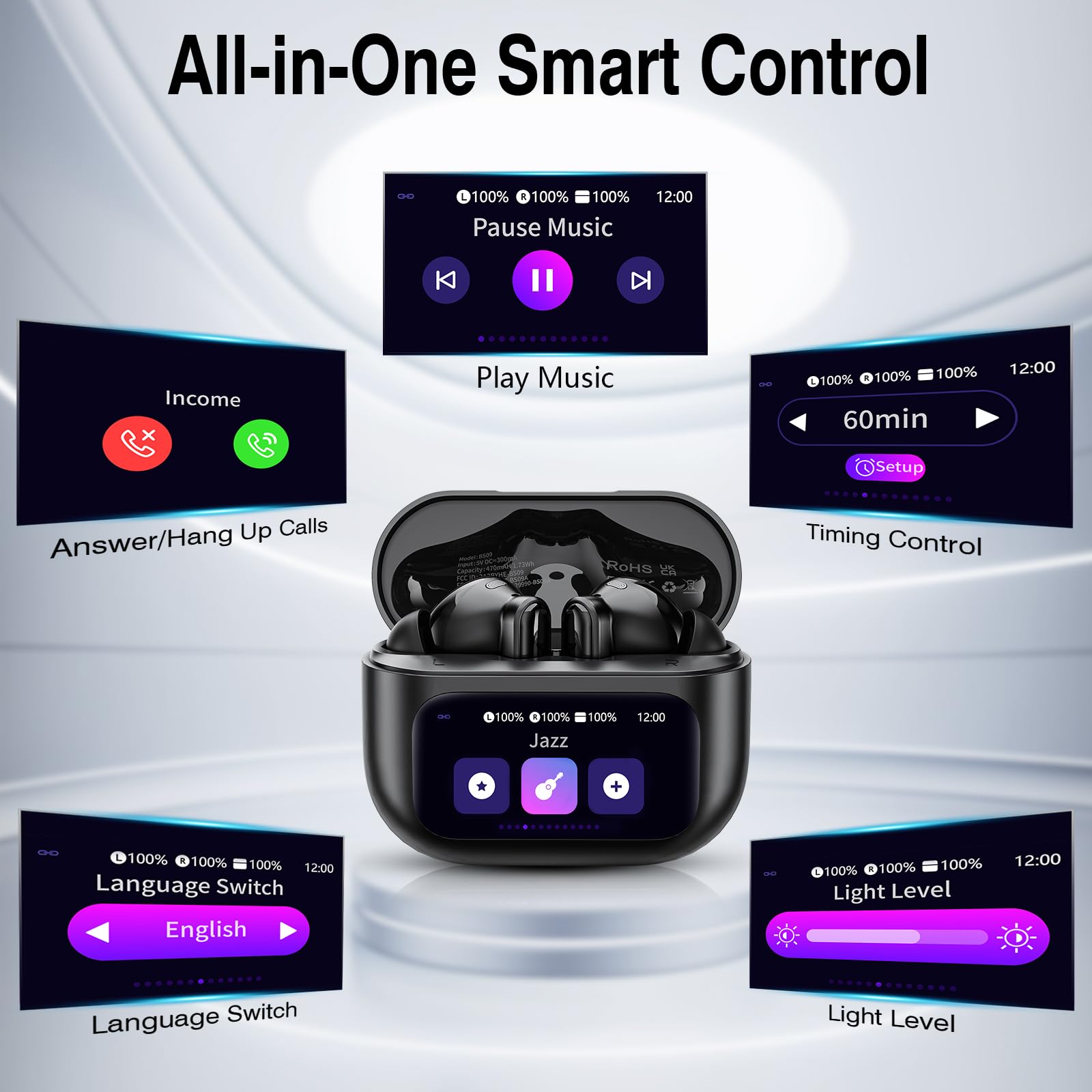 Touchscreen Bluetooth Kopfhörer, 2026 In Ear Kopfhörer Kabellos Bluetooth 5.4 mit ANC+ENC Noise Cancelling Mic, 48Std Spielzeit Tiefer Bass Earbud mit 5 EQ-Modi, IP7 Wasserdicht Ohrhörer Tiefschwarz