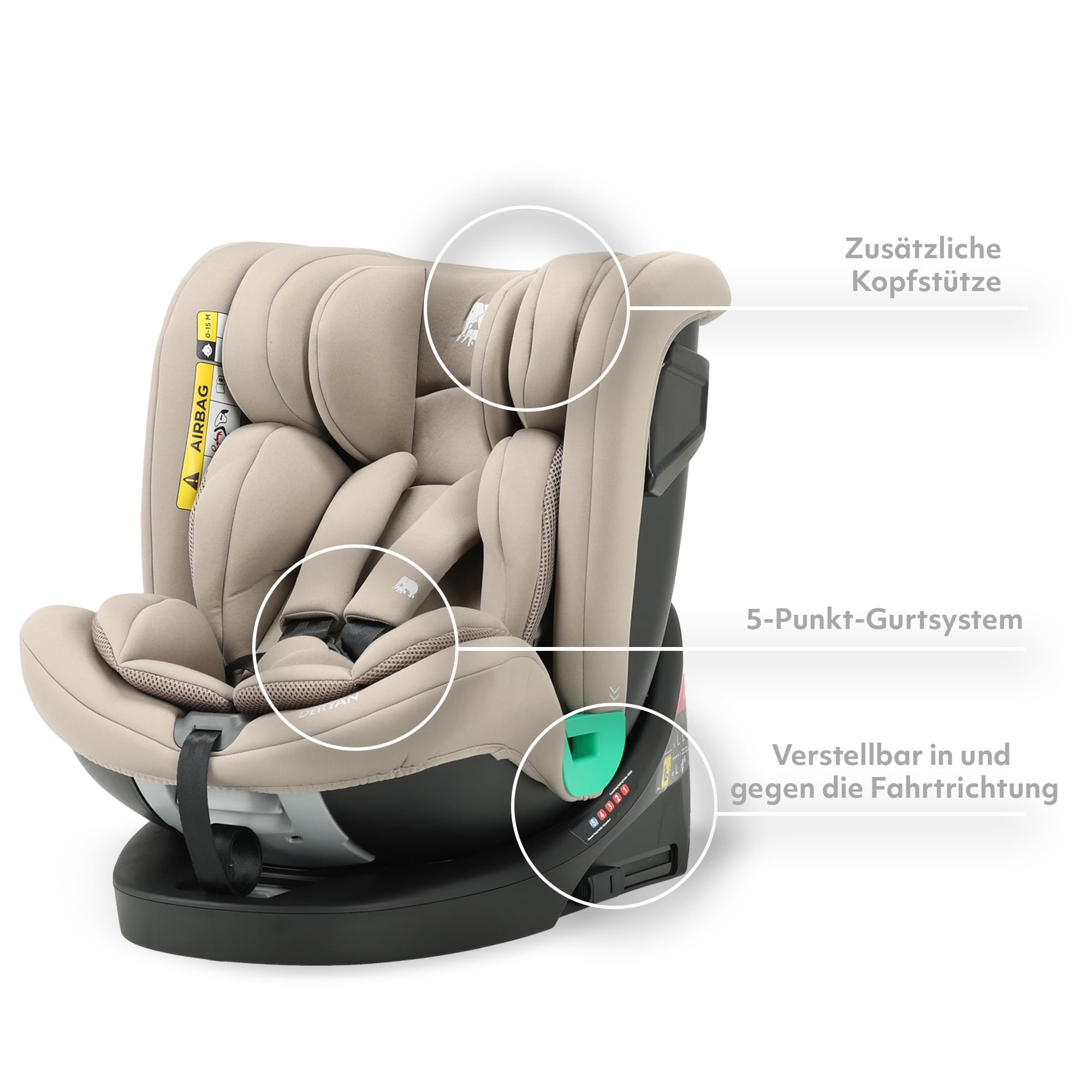 Deryan Colin i-Size Kindersitz 40-150 cm - Gruppe 0+/1/2/3, Drehbarer Autositz 360°, 0-12 Jahre (0-36 kg), Isofix, Gurtbefestigung, Seitenaufprallschutz, Verstellbare Kopfstütze (Nougat)