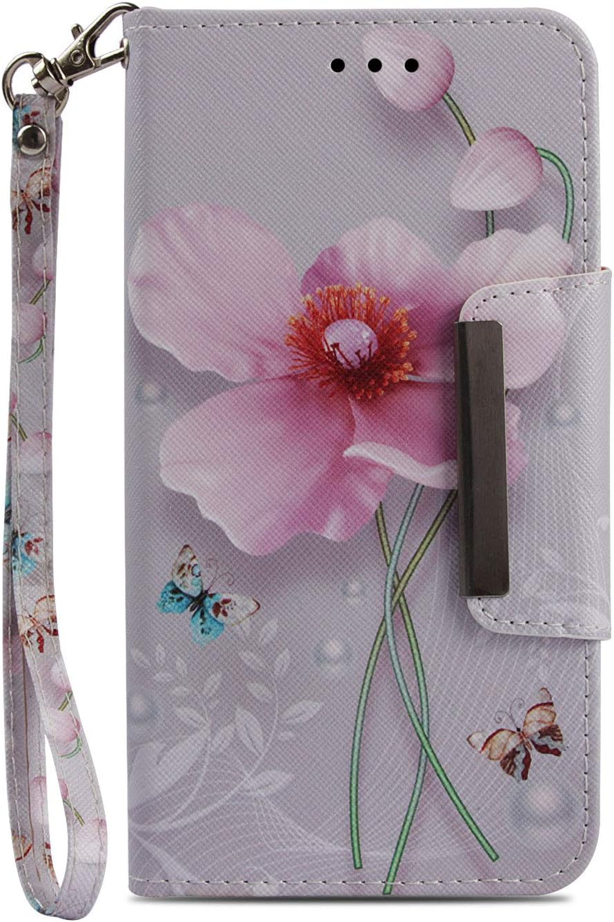 Wiitop Compatible Samsung Galaxy J7 Pro Case, J7 2017 Case (Euro Version) J730 J730G Wallet Case Leather Wrist Strap Credit Card Slot Flip Full Body Protective Cover Magnetic Stand Pearl Flower