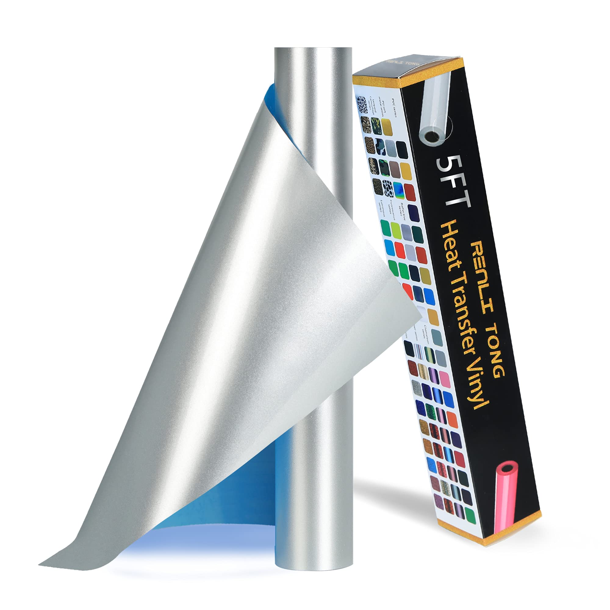 RENLITONG Soft Metal Heat Transfer Vinyl, 12" x 5ft Shiny Silver HTV Vinyl Soft Stretchy Metallic Glossy Iron on Vinyl, Premium PU Material HTV Roll, Easy Cut &amp; Weed for DIY Heat Vinyl Designs