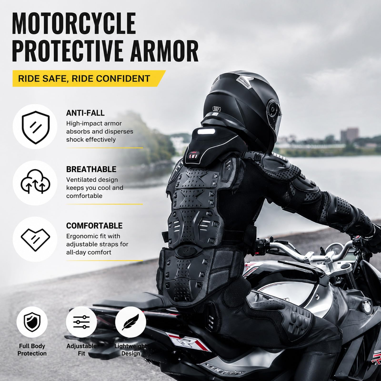Conjunto de Protección Integral para Moto Armadura de Motocross de Alto Impacto para Hombre con Chaleco Protector de Pecho y Espalda Equipo Transpirable para Dirt Bike y Off Road,Black-4XL
