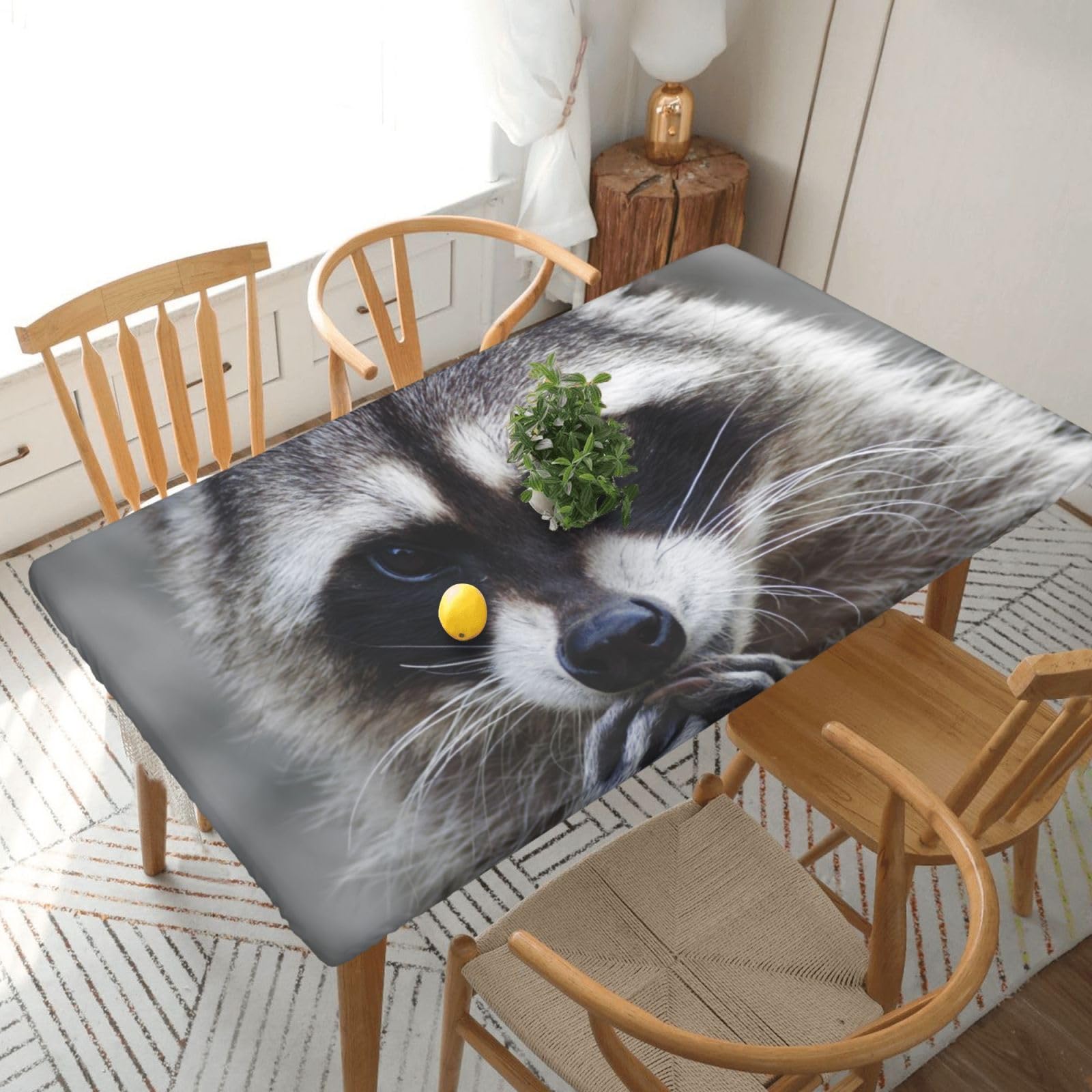 DCEHGEW Elastic Fitted Rectangle Tablecloth for 5ft Tables, Cute Raccoon Printed Oilproof & Washable Fabric Picnic Table Cloth Table Covers