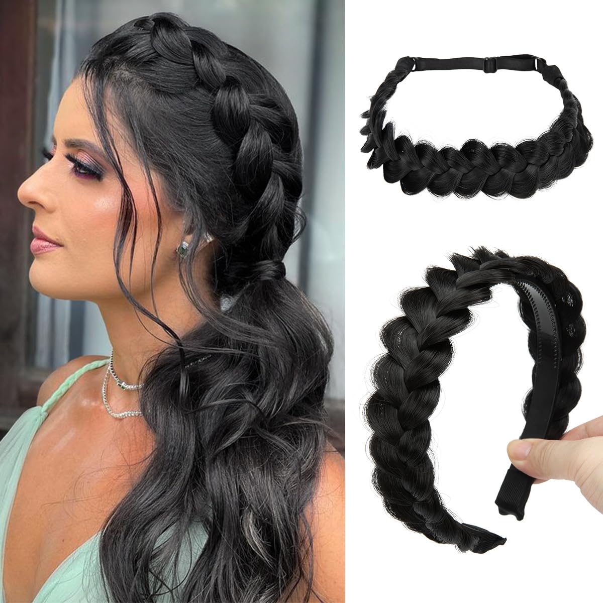 Photo 1 of CJL HAIR 2PCs Braided Headbands Hair Piece for Women Synthetic Hair Hoops Head Bands Handmade Braid Hairband Accessories Elastic Stretch Headwrap Black