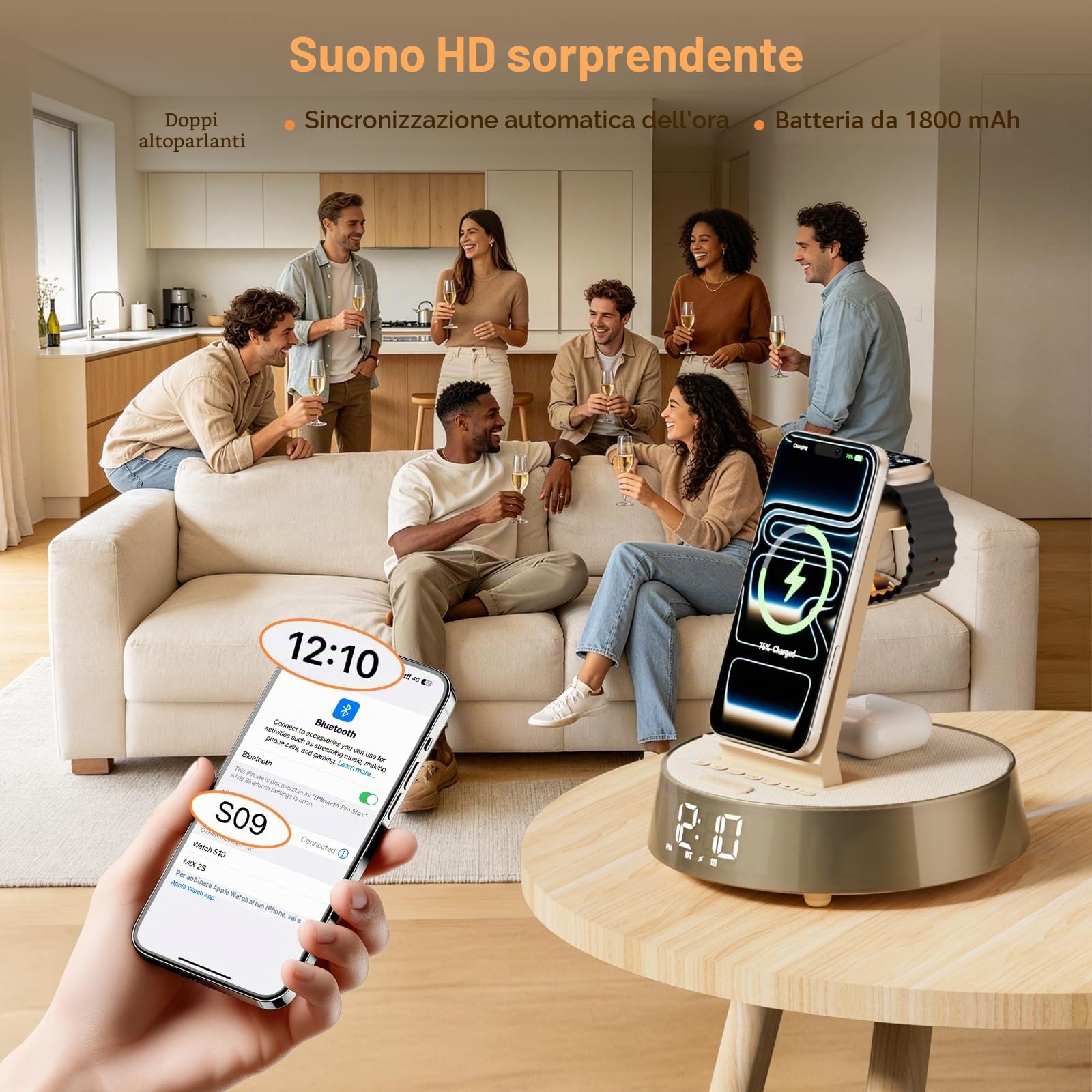 6 in 1 Caricatore Wireless per i-Phone e Sam-sung, Altoparlante Bluetooth | Radiosveglia, Stazione Ricarica per A pple Watch/Air-pods Wireless Charger con Luce Noctturna Regalo Uomo