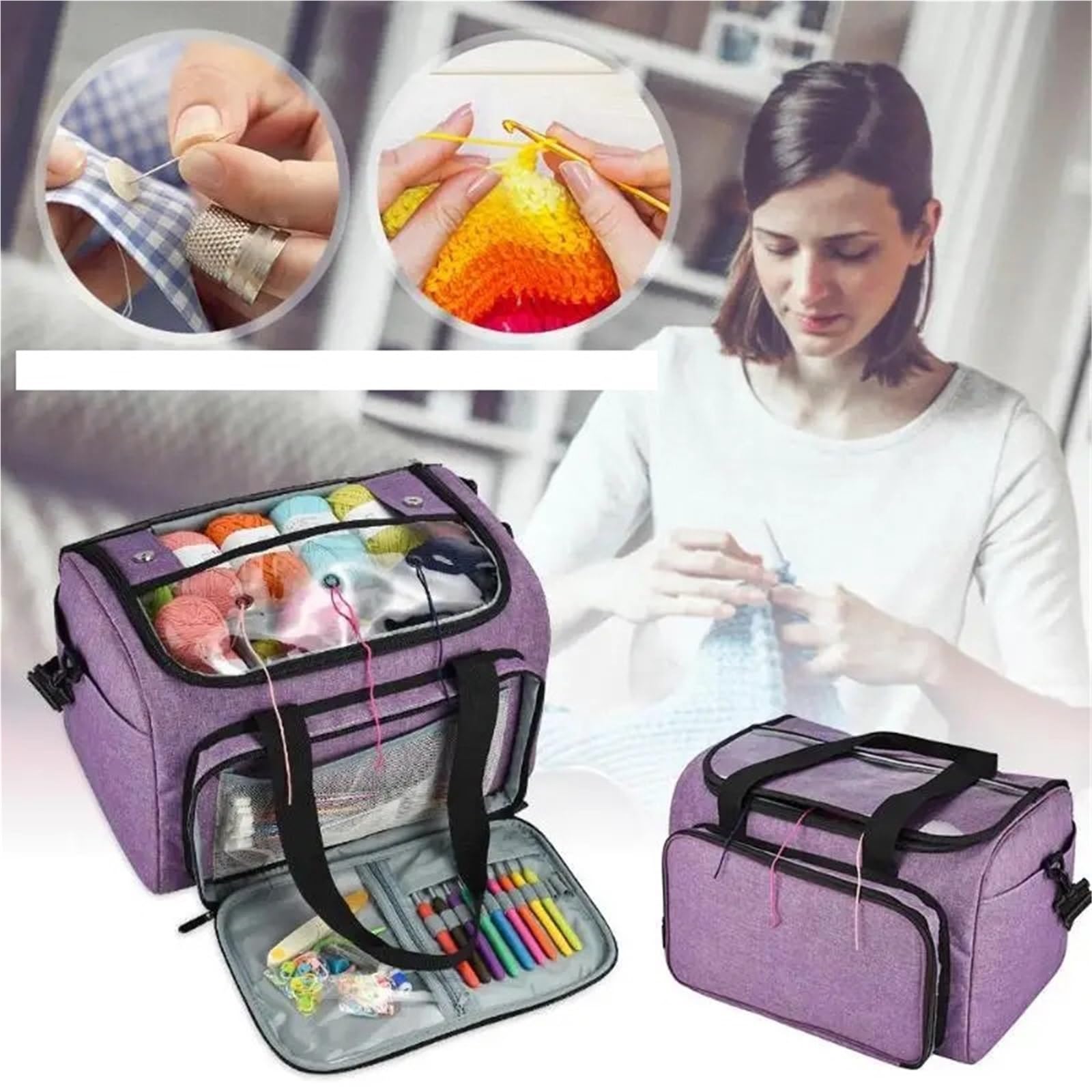 Bolsa de almacenamiento for lanas de tela Oxford, bolsa de ganchillo for tejer, bolsa de hilo, ganchos de ganchillo, agujas de coser, bolsa de mano for hilo de bricolaje(Pink)