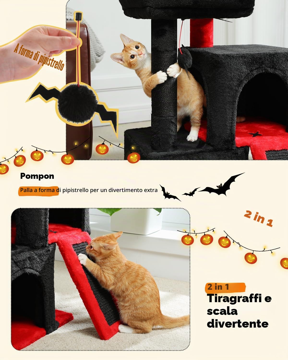 PETEPELA Tiragraffi con Dual Condos per gatti d'appartamento, casetta per gatti all-in-one con seduta imbottita, rampa per graffi e pali e palline intercambiabili, nero