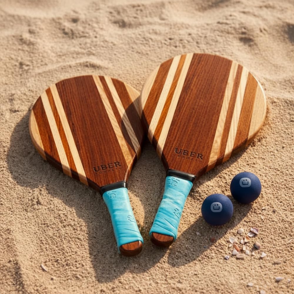 Ubergames - Set Frescobol in legno, racchetta da tennis da spiaggia con 2 bacchette e borsa in tela, gioco da spiaggia per adulti e bambini