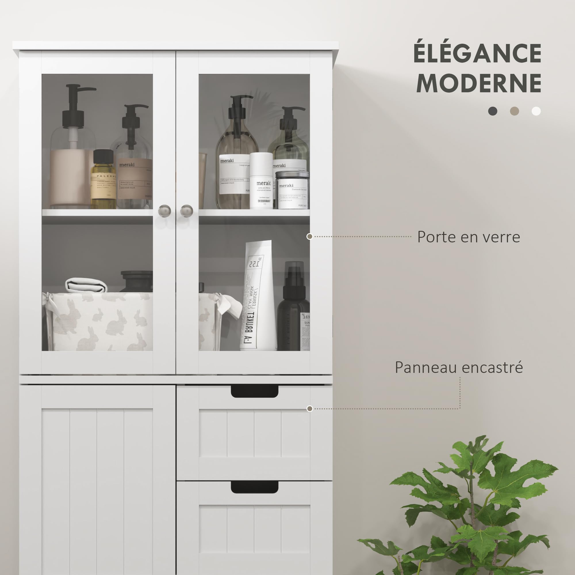 HOMCOM Meuble de Salle de Bain Haut, Meuble de Rangement, Colonne Salle de Bain avec 4 Portes Dont 2 vitrées, 2 tiroirs et étagères réglables, Style Moderne, pour Salon, Chambre, 60x30x170cm, Blanc