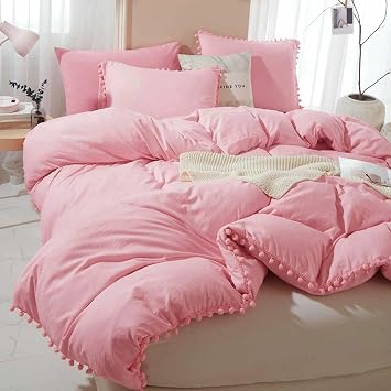 ETDIFFE Pink Duvet Cover Full Size - 3 Piece Boho Bohemian Farmhouse Pom Fringe Microfiber Comforter Cover Set - Soft and Lightweight Preppy Quilt Cover