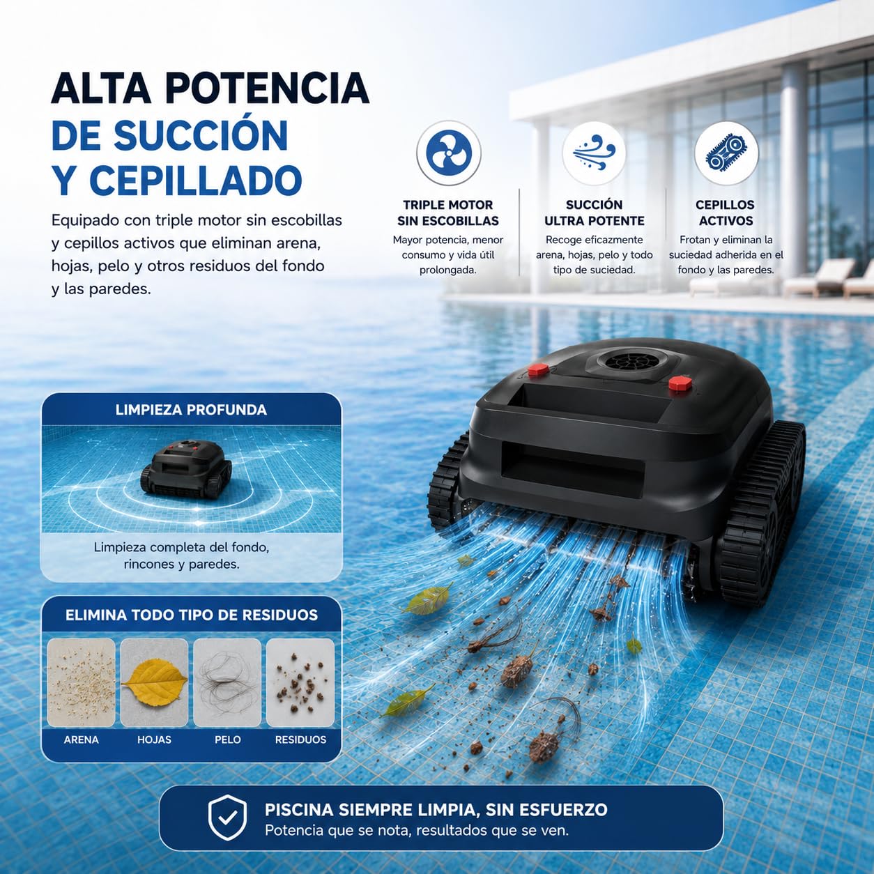 Robot Limpiafondos de Piscina Inalámbrico Automático, Limpieza de Suelo y Paredes, hasta 180 Minutos de Autonomía, Navegación Inteligente, para Piscinas Enterradas y Elevadas