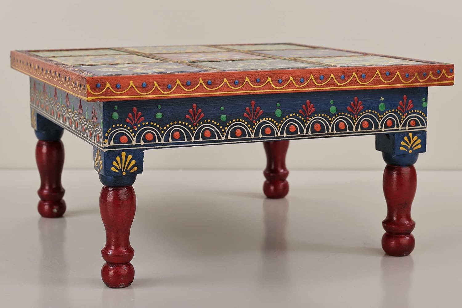 10" Colorful Wooden Decorative Chowki (Pedestal) | Wood Pedestal | Handmade | Made in India - Wood - Color Green