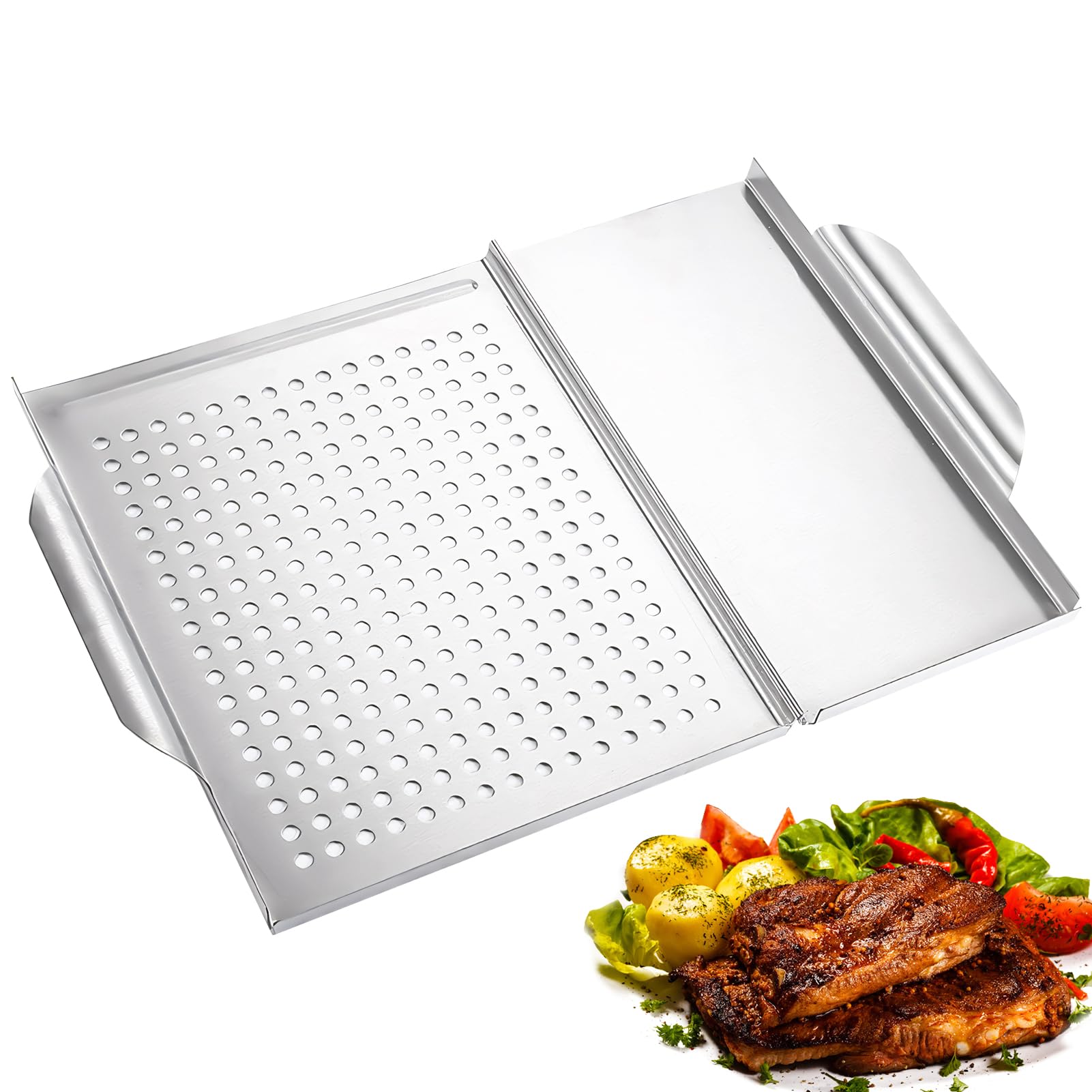 ACAREY Bandeja de barbacoa 2 en 1 de acero inoxidable, reutilizable, para barbacoa, camping y cocina, para barbacoa de gas y barbacoas de carbón, 45 x 30,7 cm