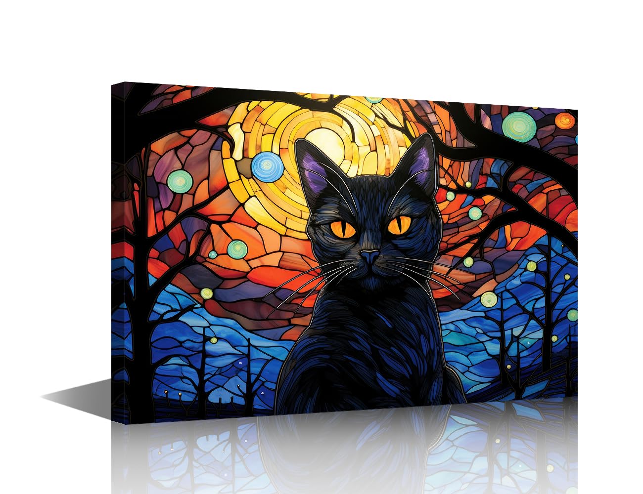 TISHIRON Wall Art for Living Room Stained Glass Style Wall Paintings Halloween Cat Home Decor 1 Panel Moonlit Artwork Framed Ready to Hang Posters and Prints (24''Wx 36''H)