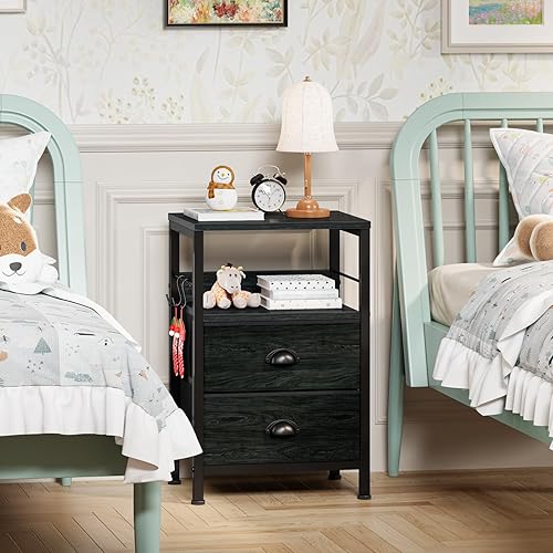 Miniatura 8 de Furologee Juego de 2 mesitas de noche, mesita de noche con 2 cajones de tela, mesitas de noche con estante abierto, parte superior de madera, Roble