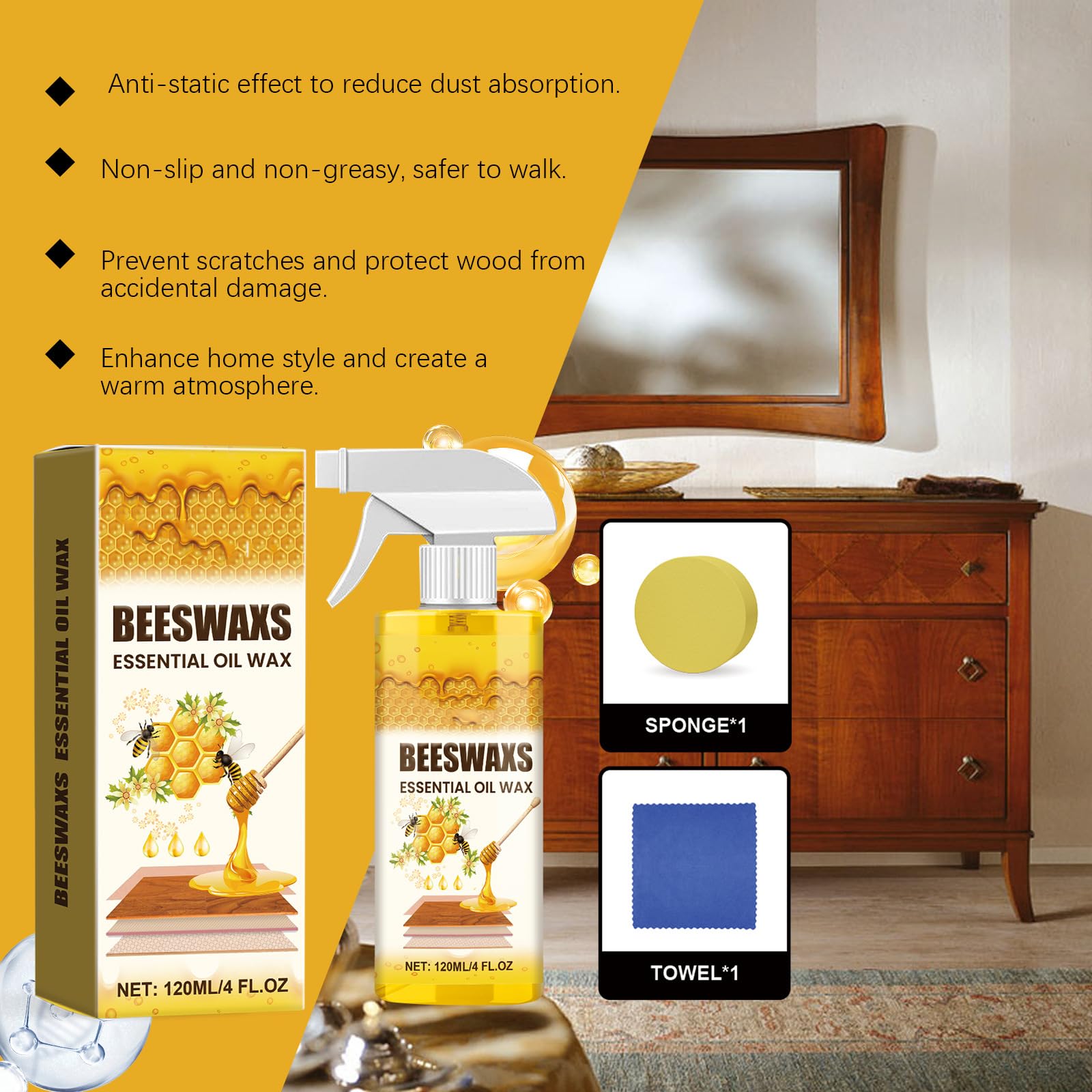 Spray abrillantador de madera con cera de abeja – Spray abrillantador de muebles con cera de abeja natural – Aerosol de cera para madera, aceite esencial de abeja, protección y cuidado (8 piezas)