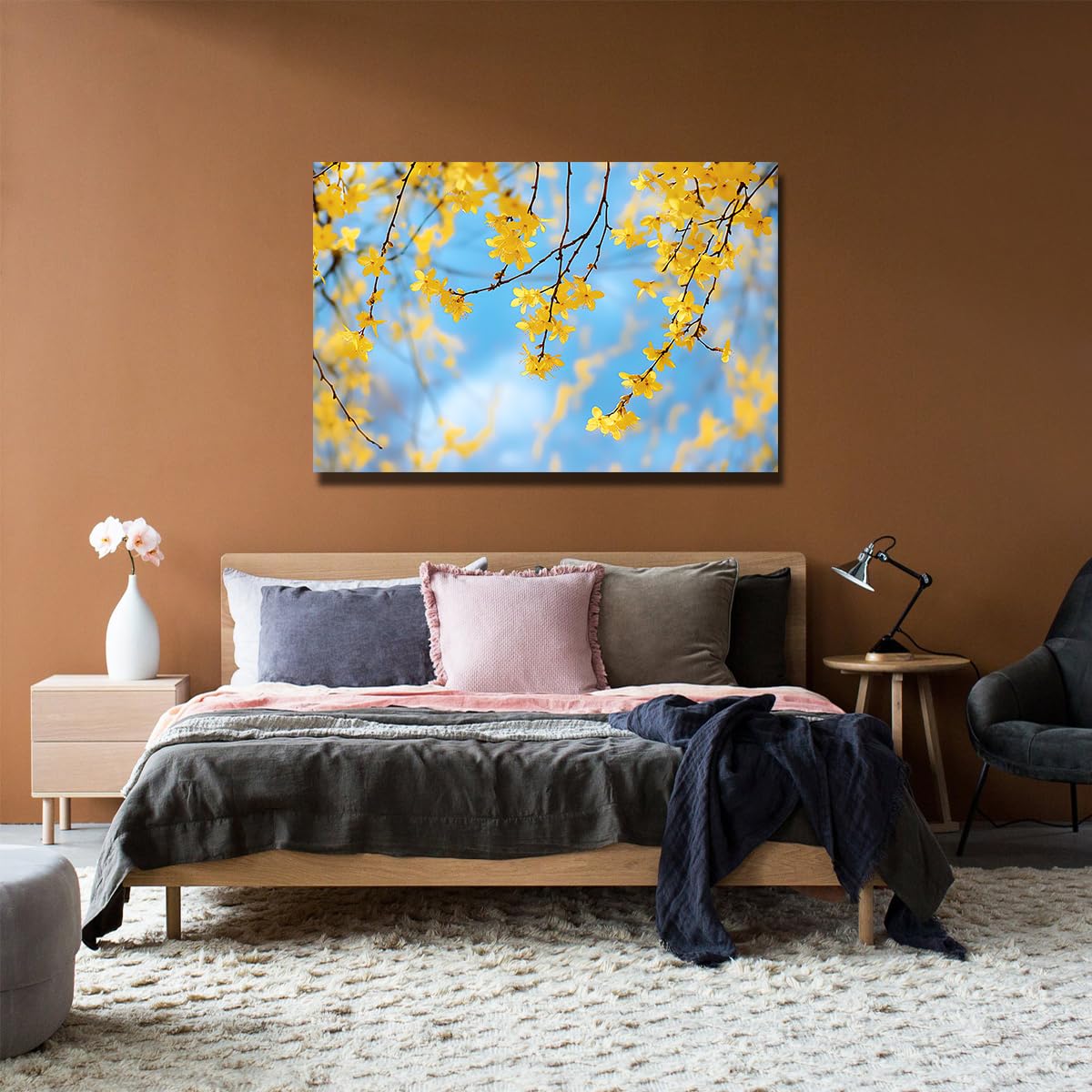 Lienzo Sin Marco Floral Amarillo, Pintura Botánica Rama de Árbol de Primavera Romántica para Comedor Salón 70x105cm