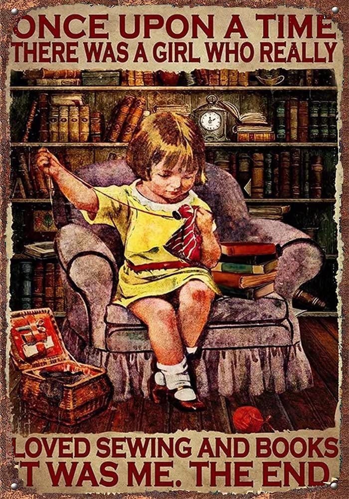 Sewing Girl and Books Metal Tin Sign Great Retro Gifts and Decorative Door Wall Home Farm Store Bathroom Pub Cafe Metal Sign 12x16 Inch