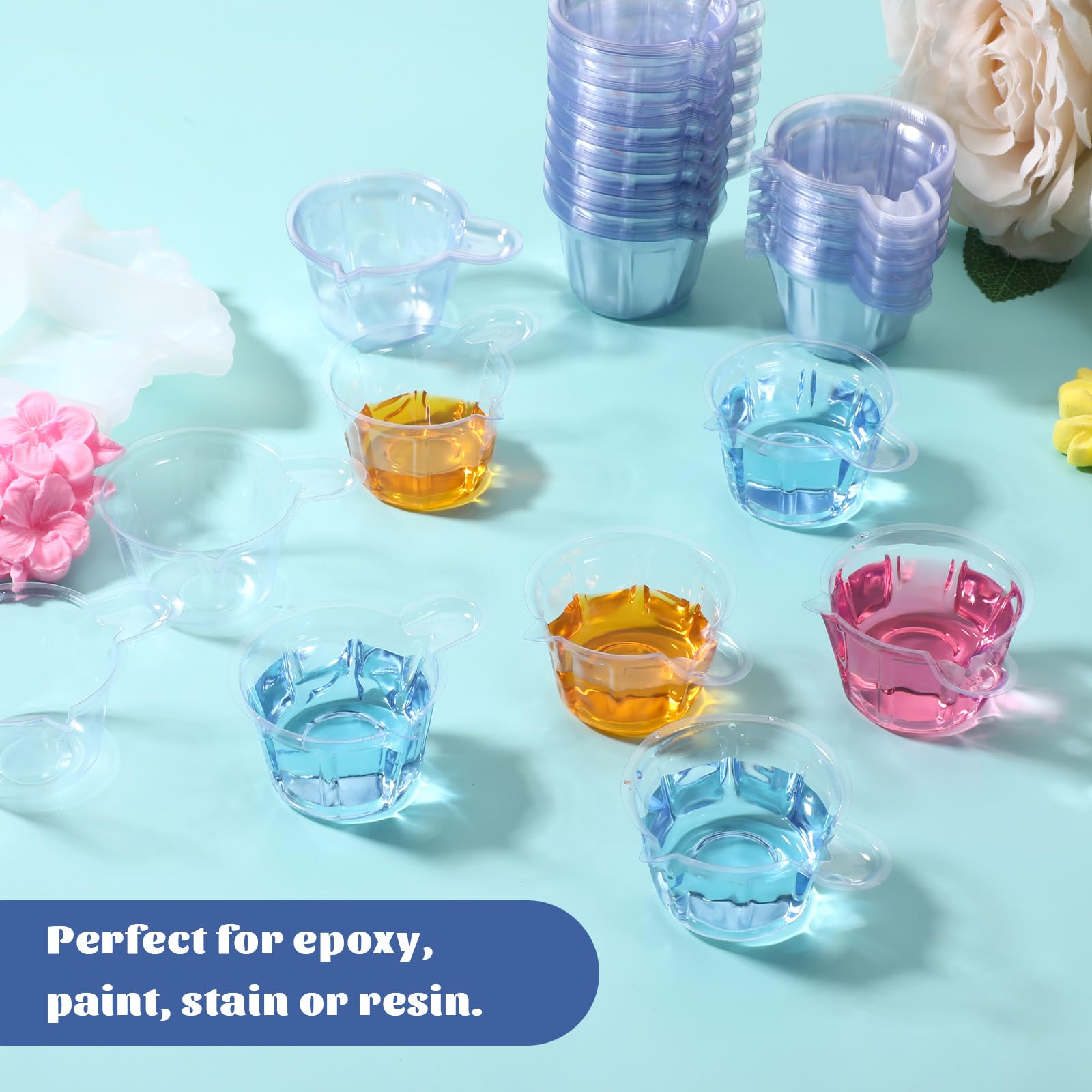 150 vasos medidores desechables de plástico, vasos de mezcla, vasos medidores, vasos medidores, vasos pequeños transparentes, vasos de plástico, vasos de color, para mezclar con epoxi (40 ml)